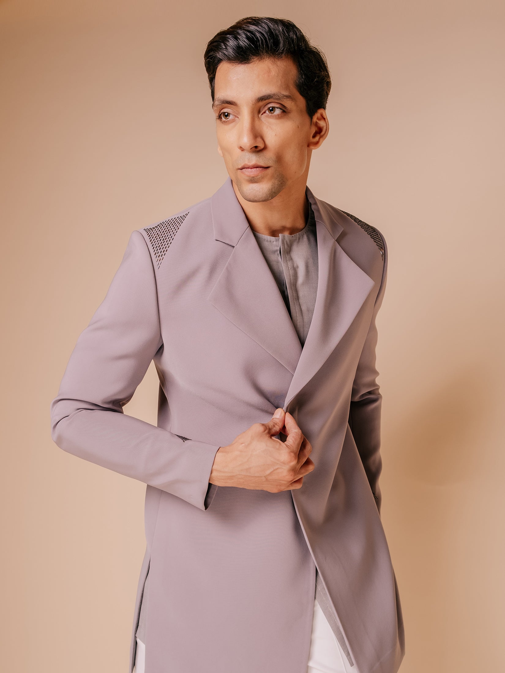 Grey Indowestern With Embroidered Shoulder Detail Tonel Kurta Paired With Fitted Pants