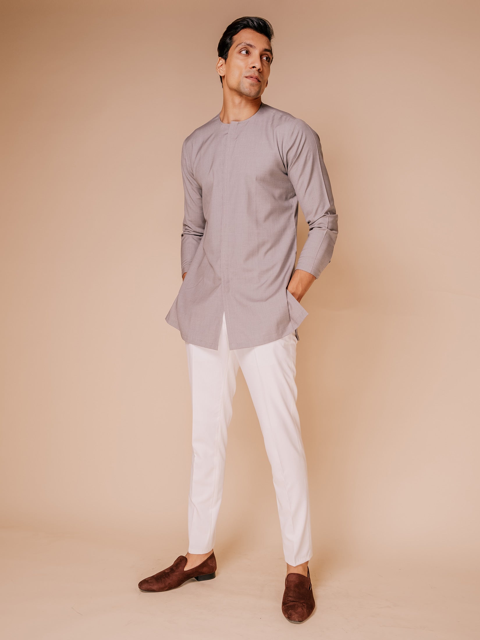 Grey Indowestern With Embroidered Shoulder Detail Tonel Kurta Paired With Fitted Pants