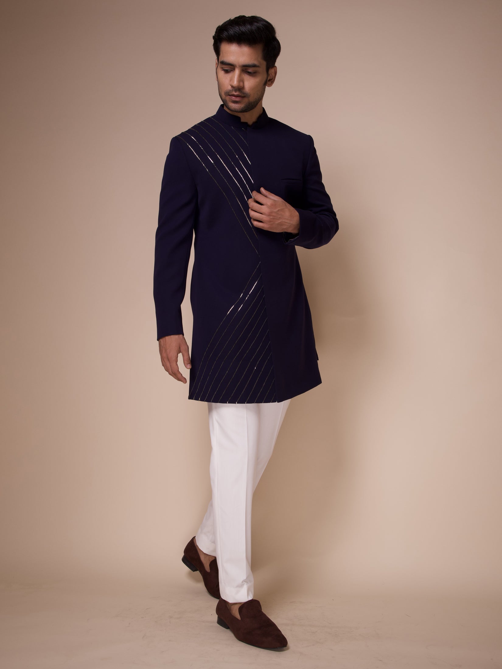Midnight Blue Indowestern With One Side Embroidered Lines Paired With Fitted Pants