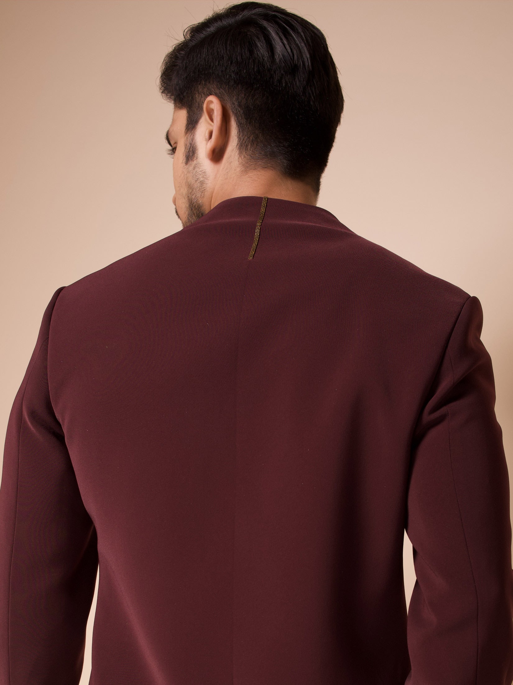 Burgandy Indowestern With Embroidered Pocket Flap And Backline  Paired With Fitted Pants
