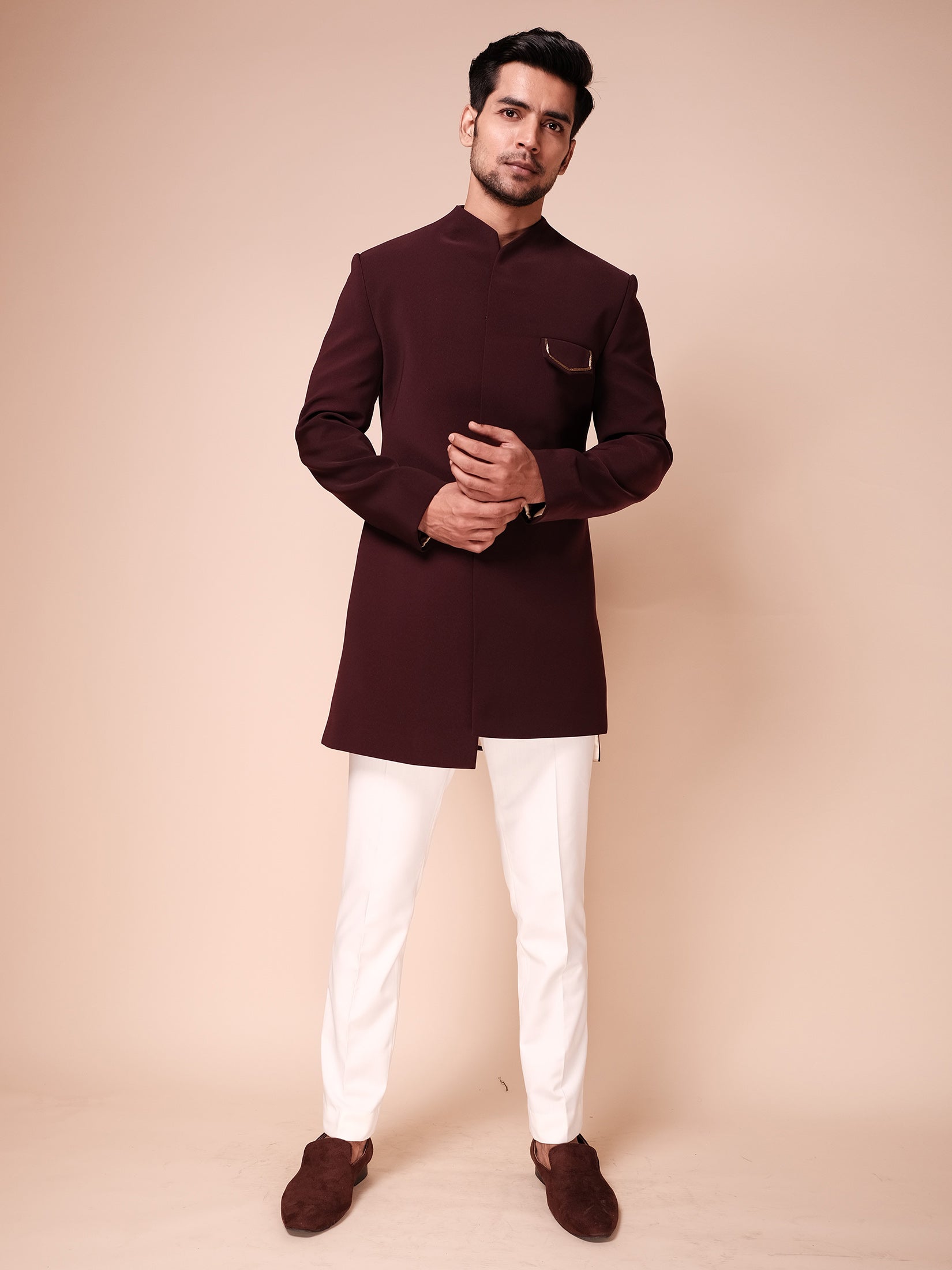 Burgandy Indowestern With Embroidered Pocket Flap And Backline  Paired With Fitted Pants