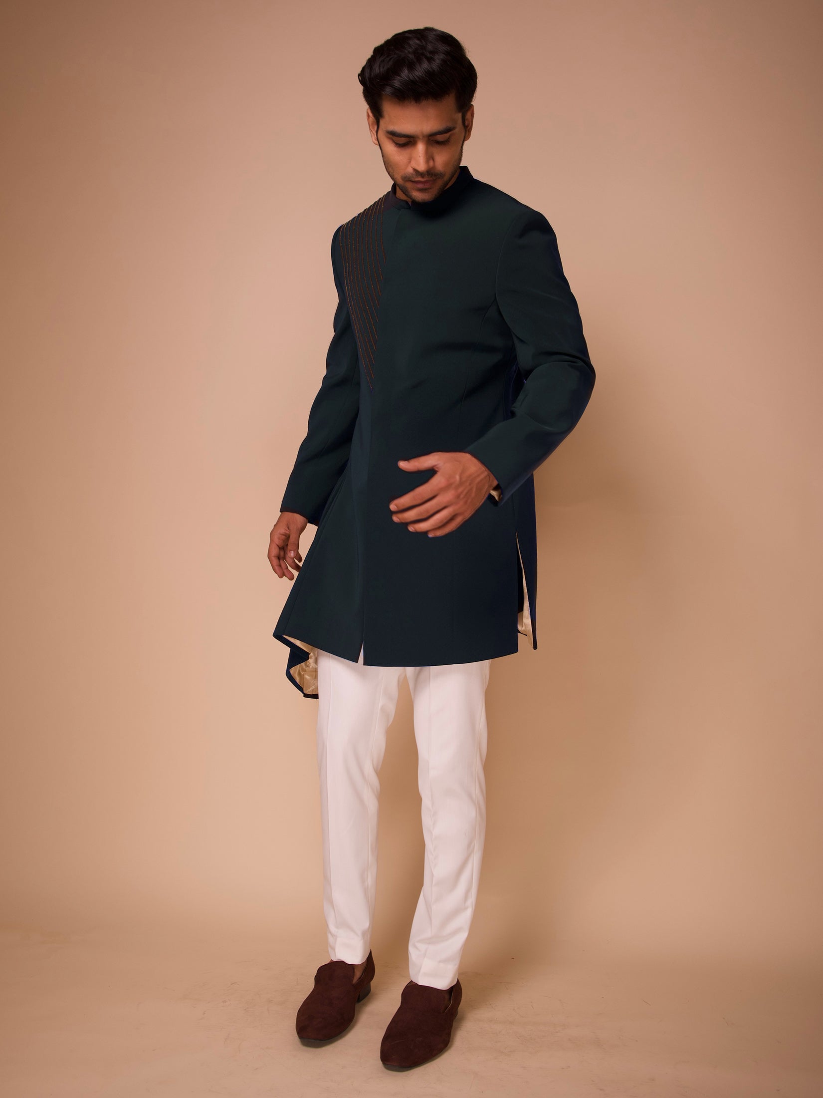 Bottlegreen Assymetrical Indowestern With Pleat Detail And Embroidered Diagonal Details Paired With Fitted Pants