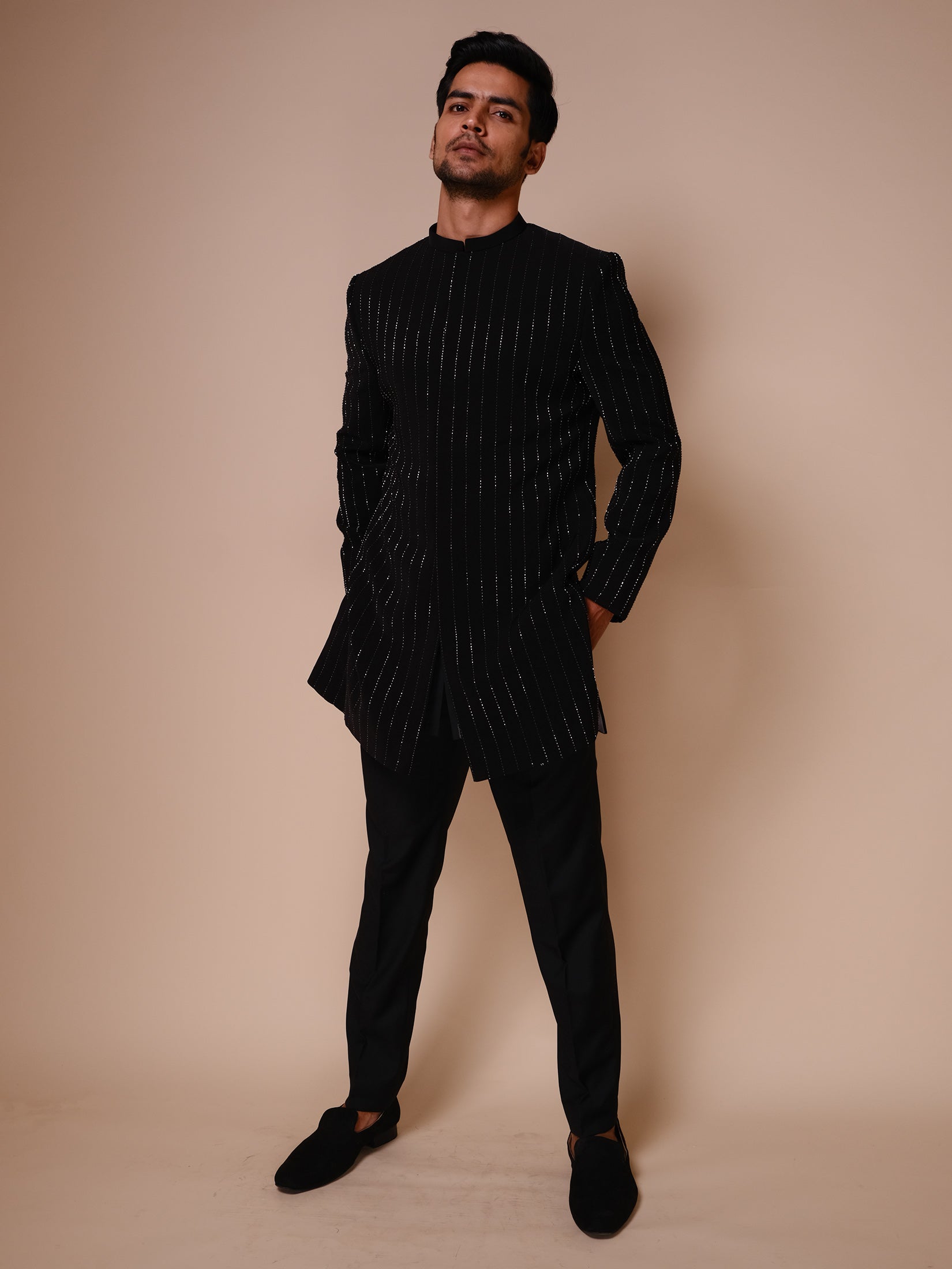 Black Indowesterrn With Embroidered Vertical Lines Paired With Fitted Pants