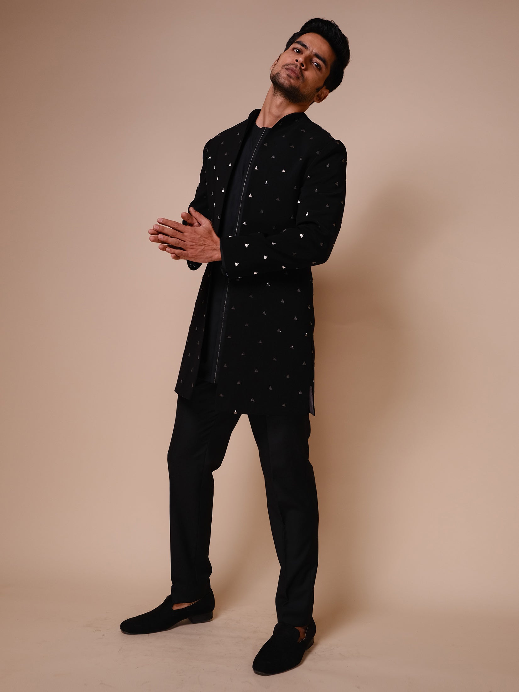 Black Open Style Indowestern With Embroidered Pyramid Motifs Paired With Fitted Pants And Tonel Kurta