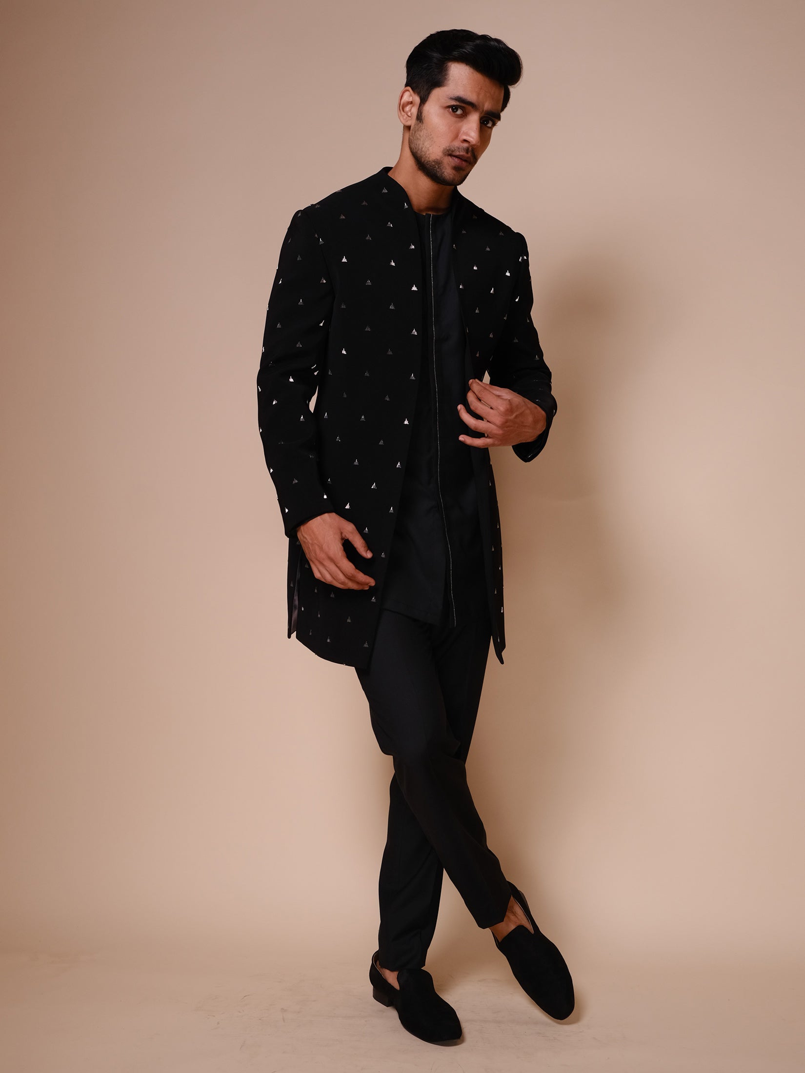 Black Open Style Indowestern With Embroidered Pyramid Motifs Paired With Fitted Pants And Tonel Kurta