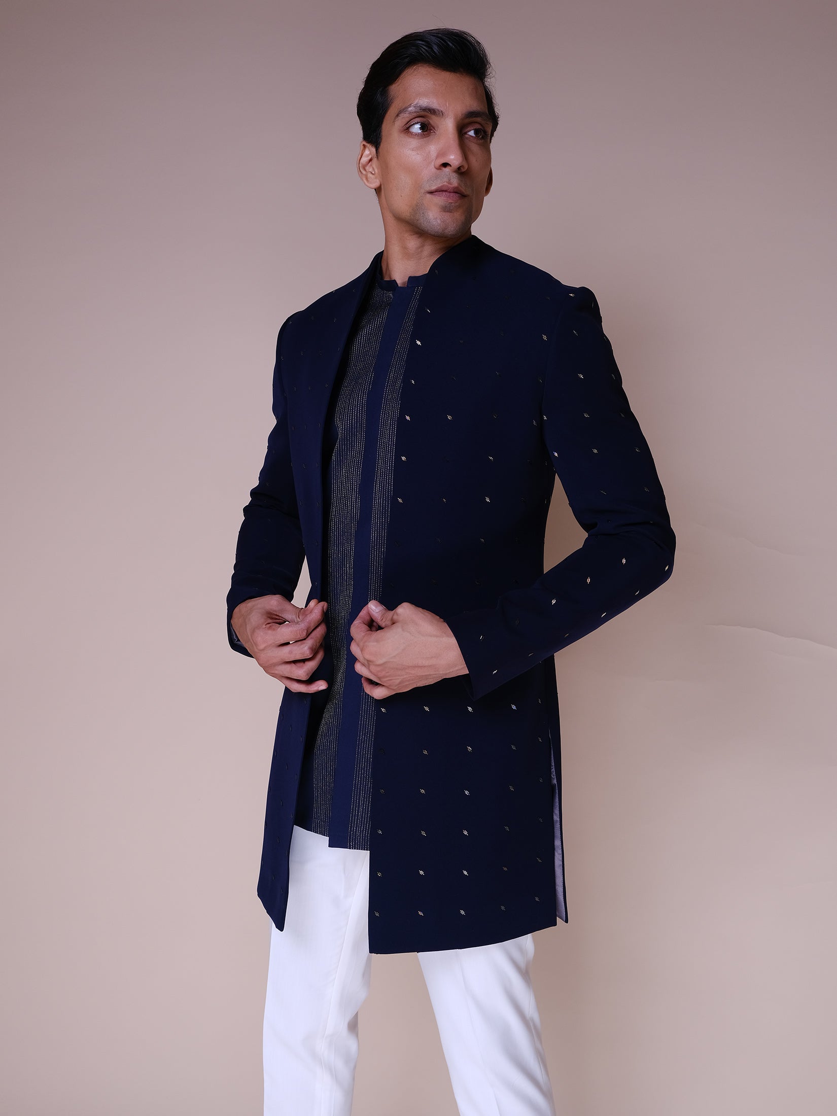Midnight Blue Indowestern With Embroidered Motifs,on Kurta Also Paired With Fitted Pants