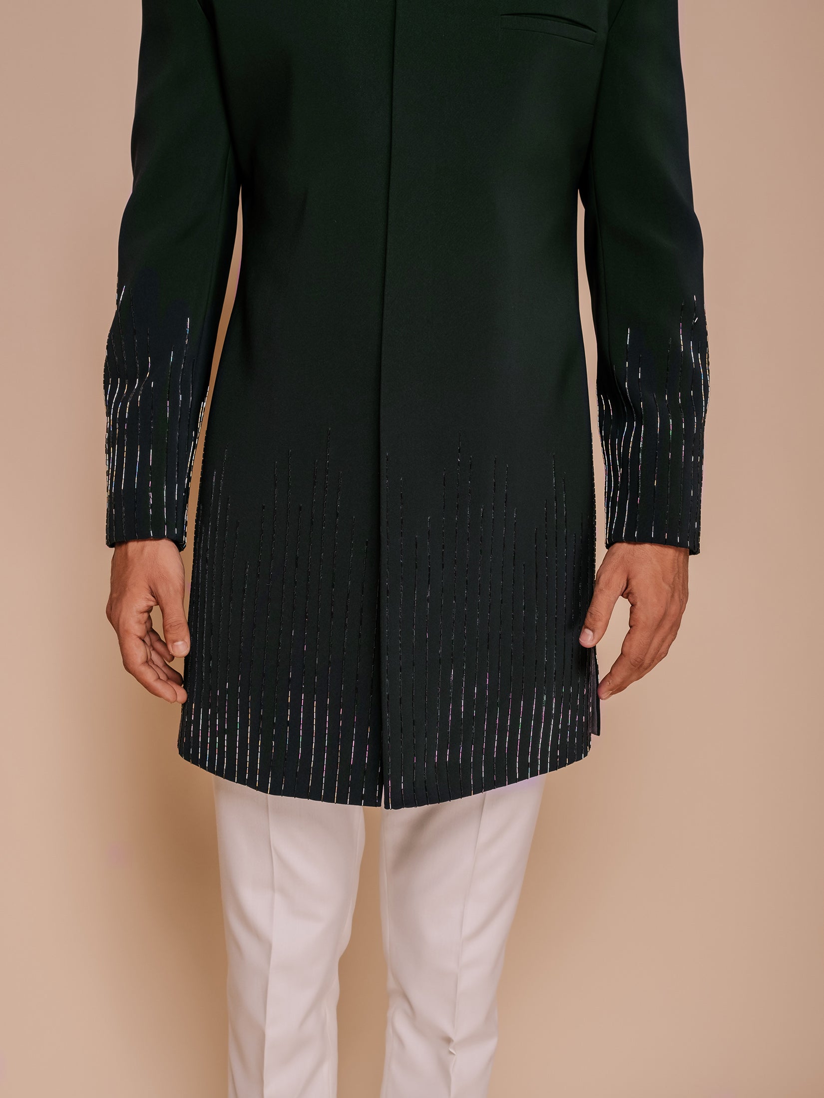 Bottlegreen Indowestern With Embroidered Lines On Sleeve And Hem Paired With Fitted Pants