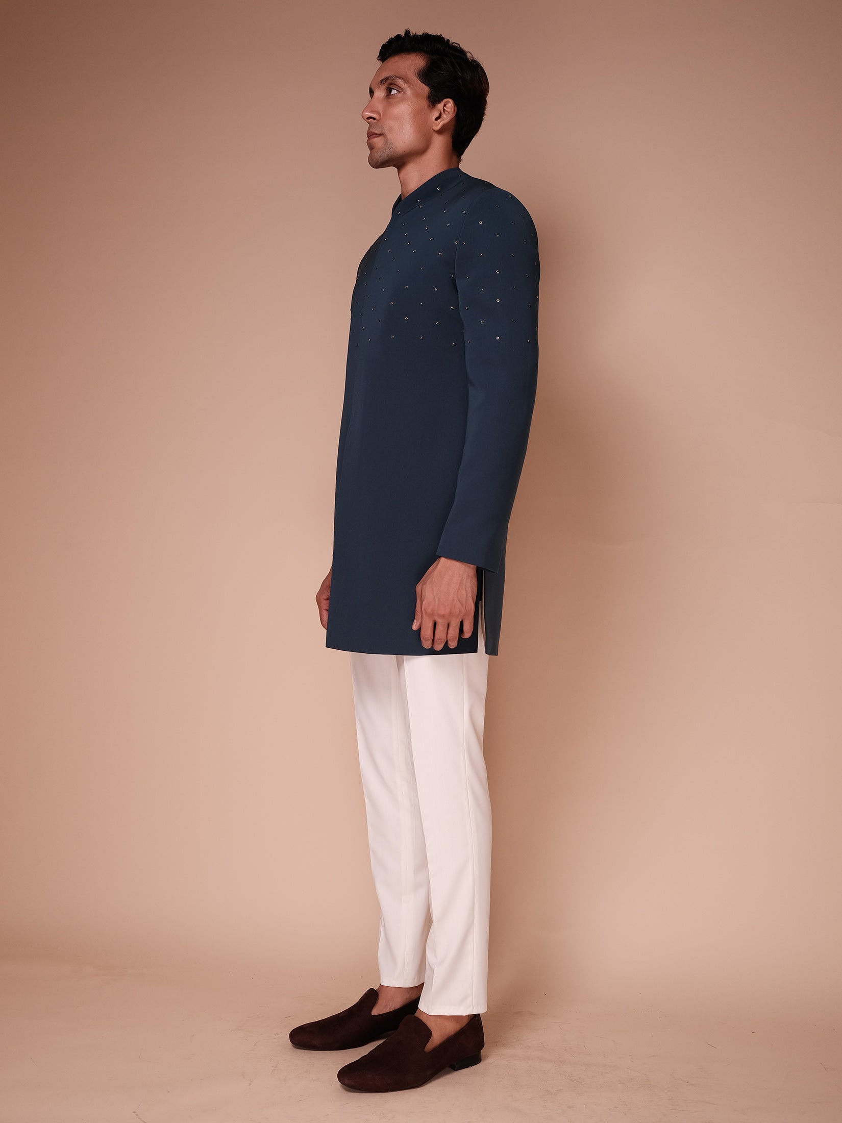 Teal Blue Indowestern With Embroidered Motifs Paired With Fitted Pants