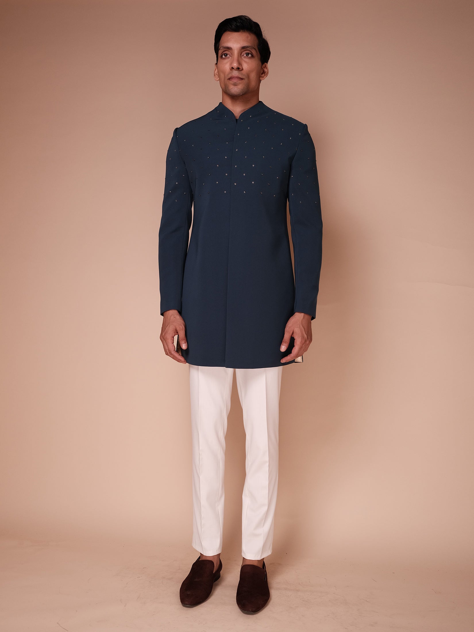 Teal Blue Indowestern With Embroidered Motifs Paired With Fitted Pants
