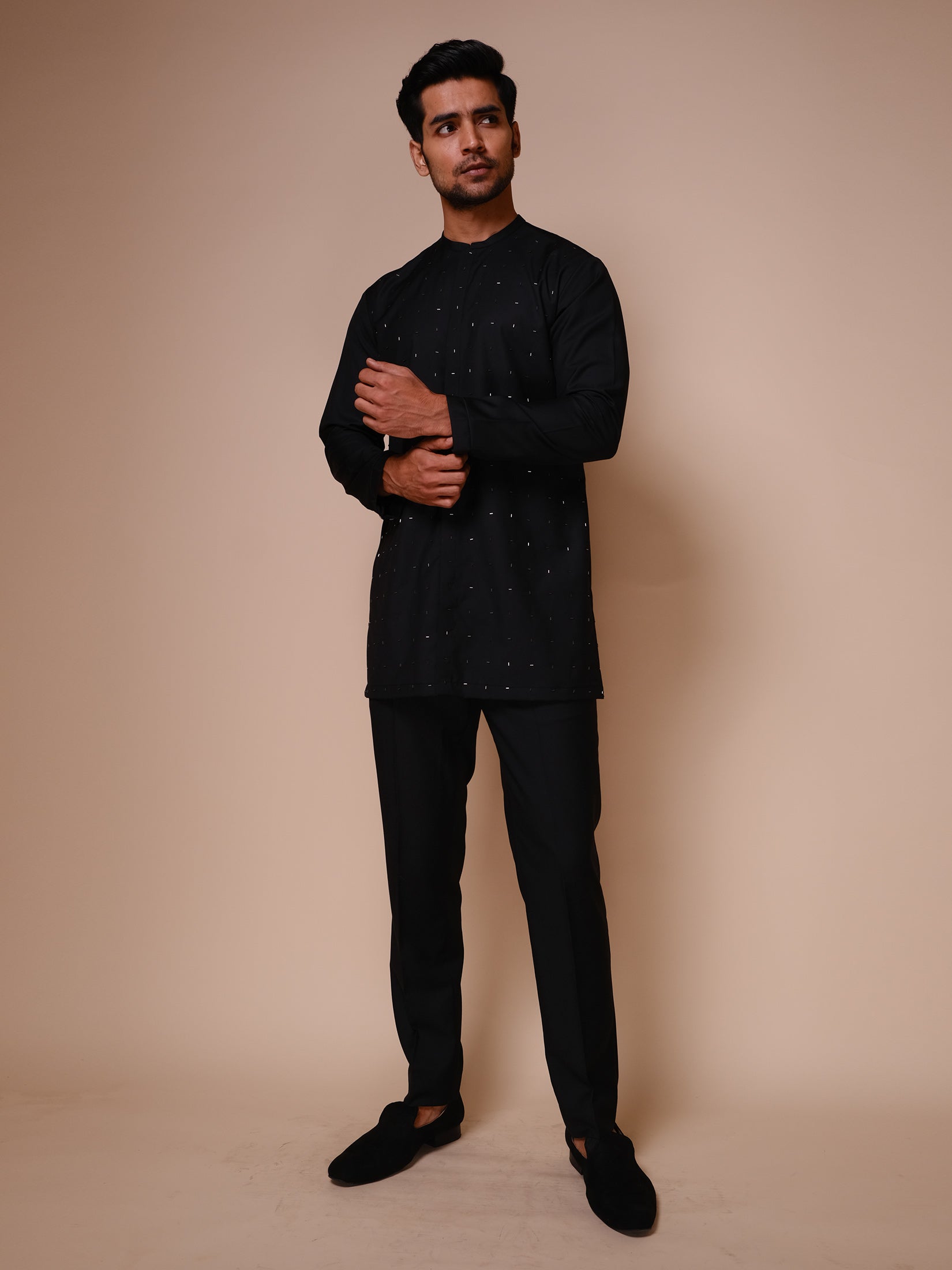 Black Indowestern With Embroidered Motifs,on Kurta Also Paired With Fitted Pants