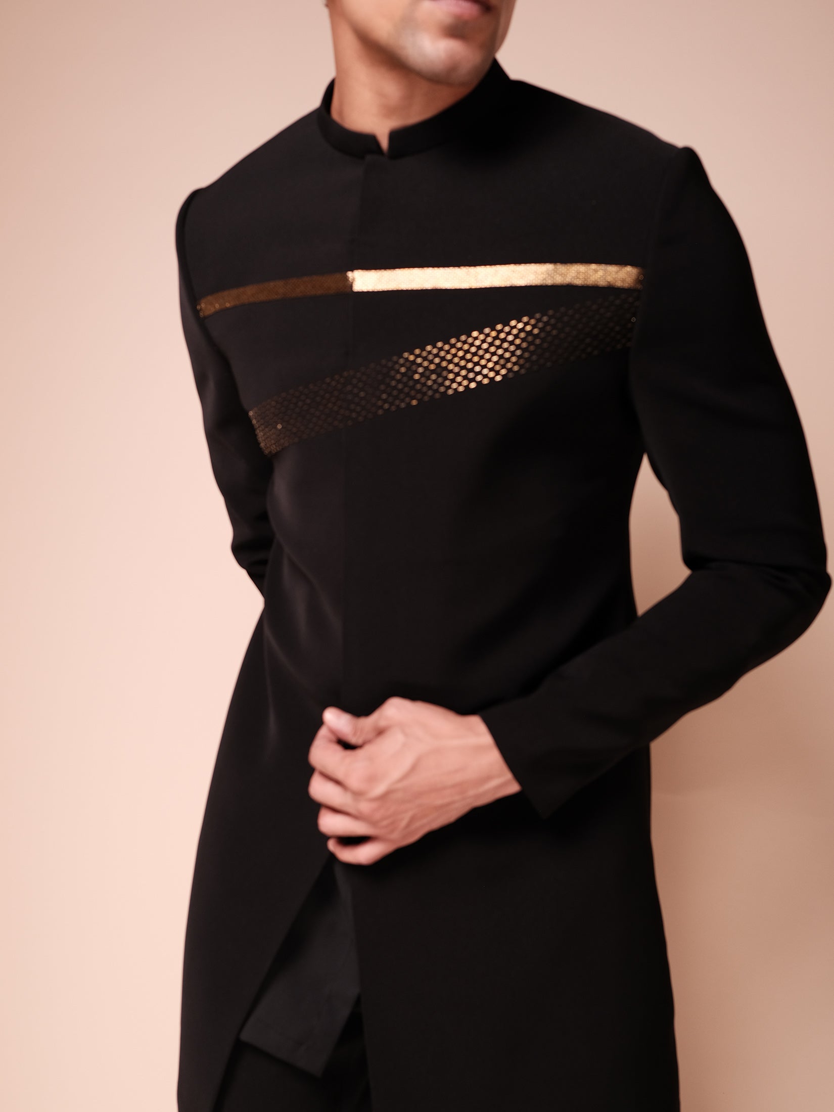 Black Indowestern With Embroidered Gold Bands Paired With Fitted Pants