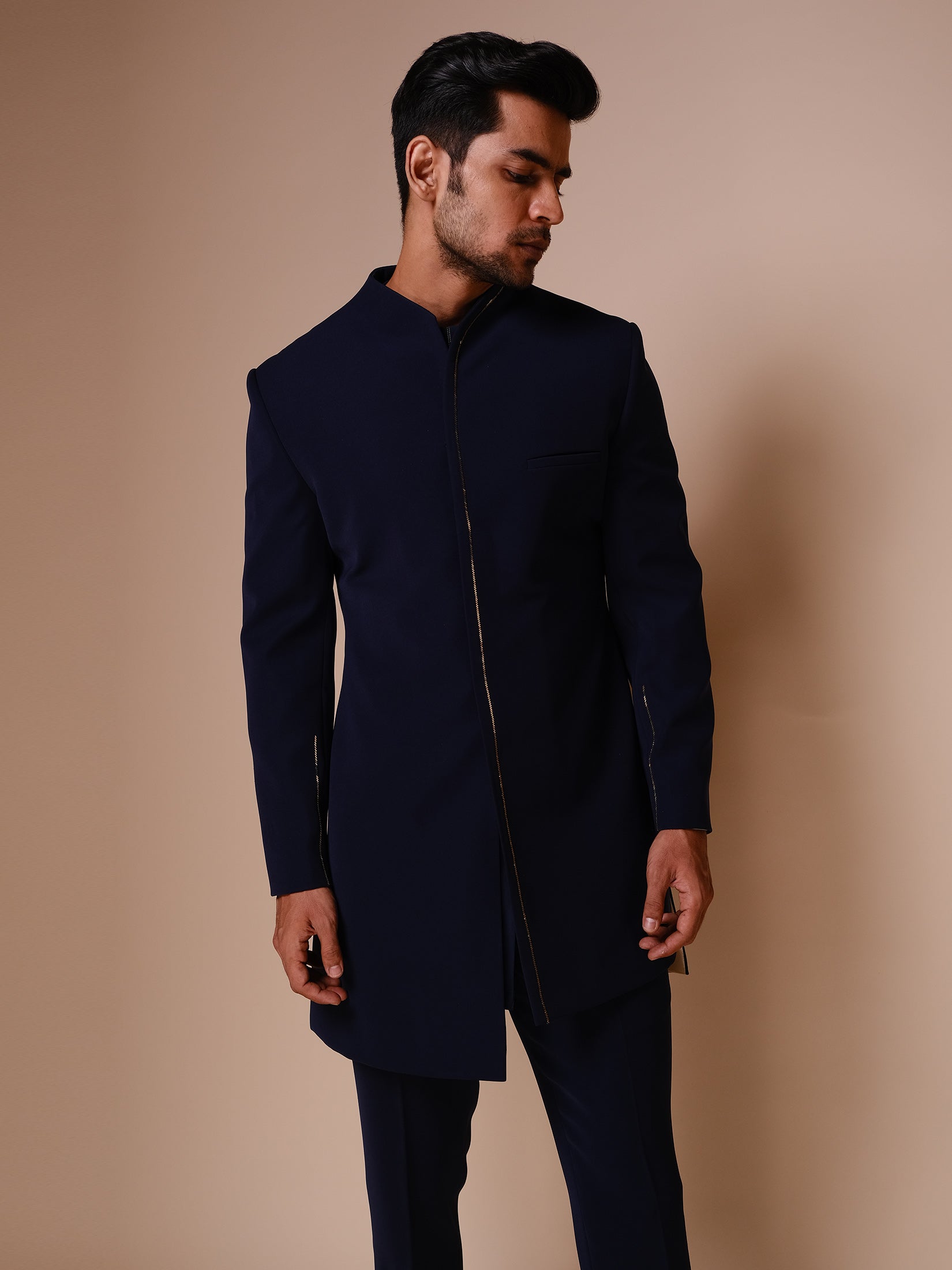Midnight Blue Indowestern With Embroidered Gold Outline Paired With Fitted Pants