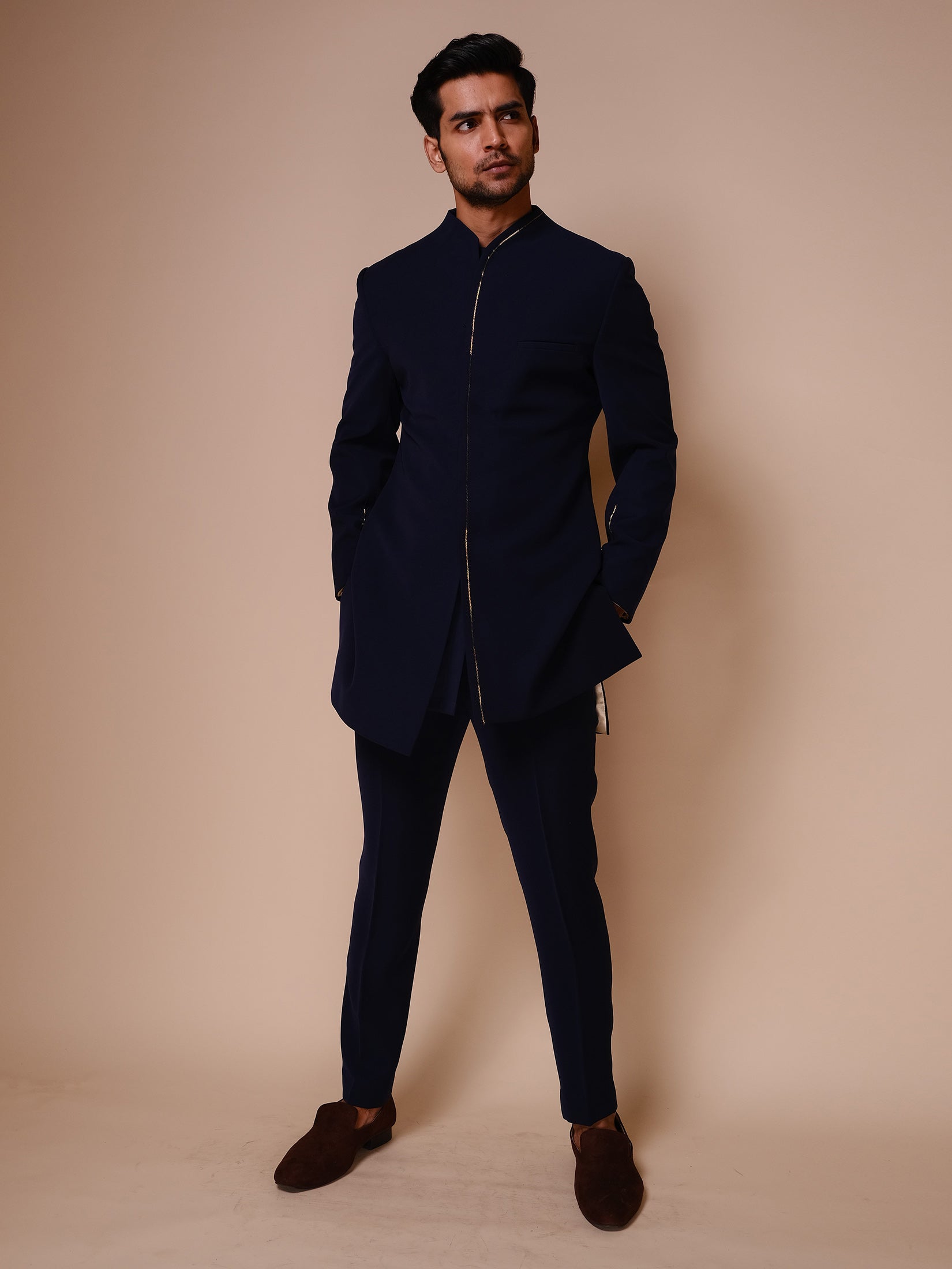 Midnight Blue Indowestern With Embroidered Gold Outline Paired With Fitted Pants