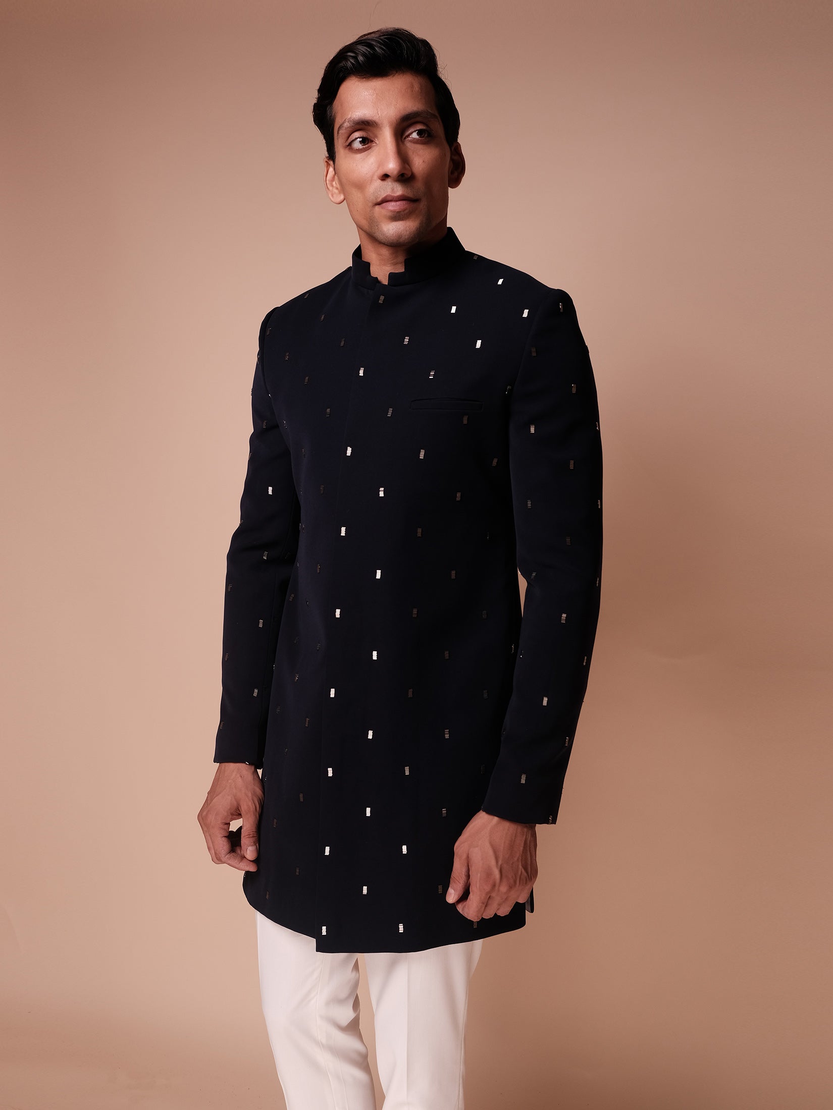 Midnight Blue Indowestern With  Embroidered Stack Motifs Paired With Fitted Pants