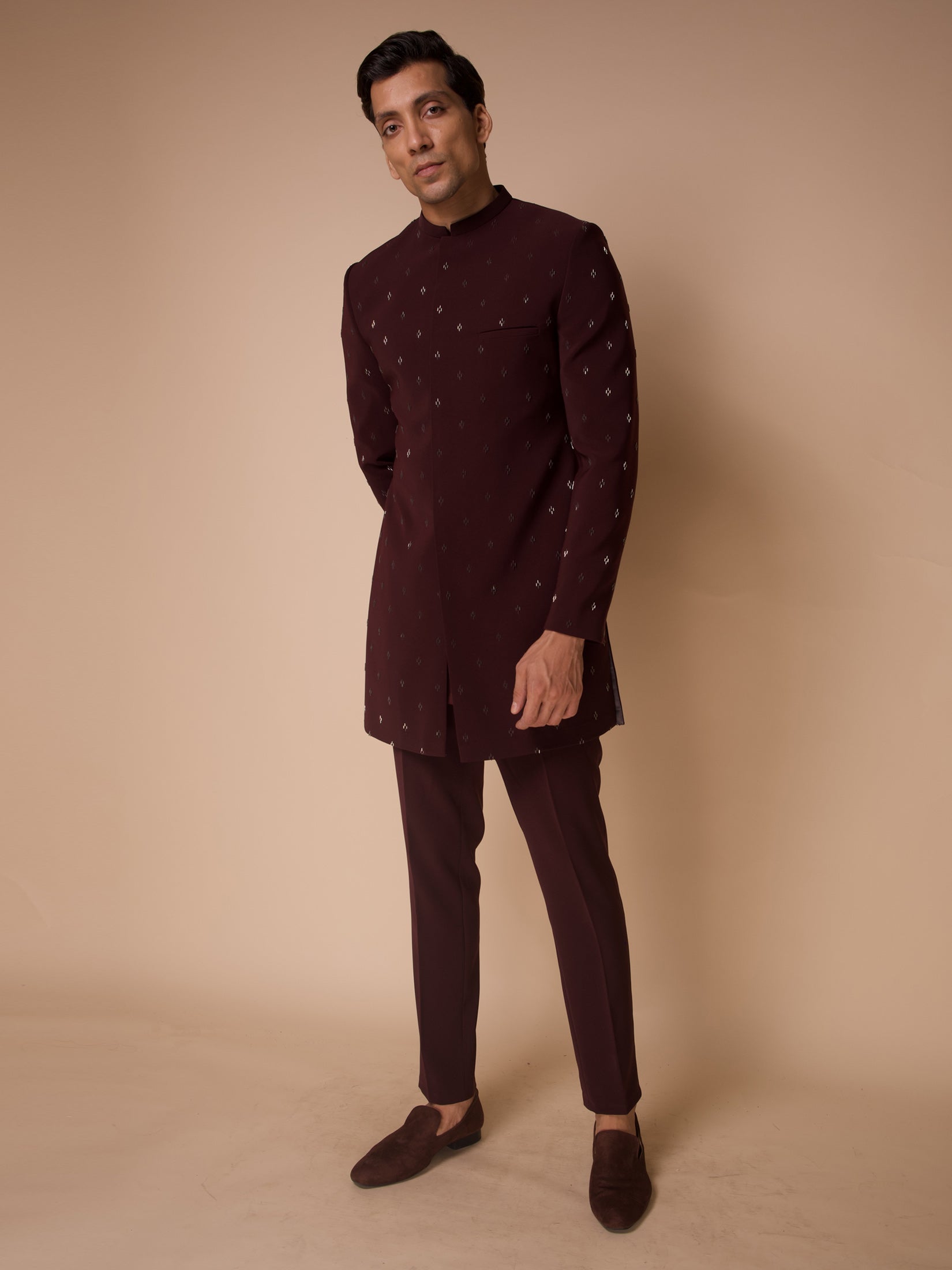 Burgandy Indowestern With Embroidered All Over Motifs Paired With Fitted Pants