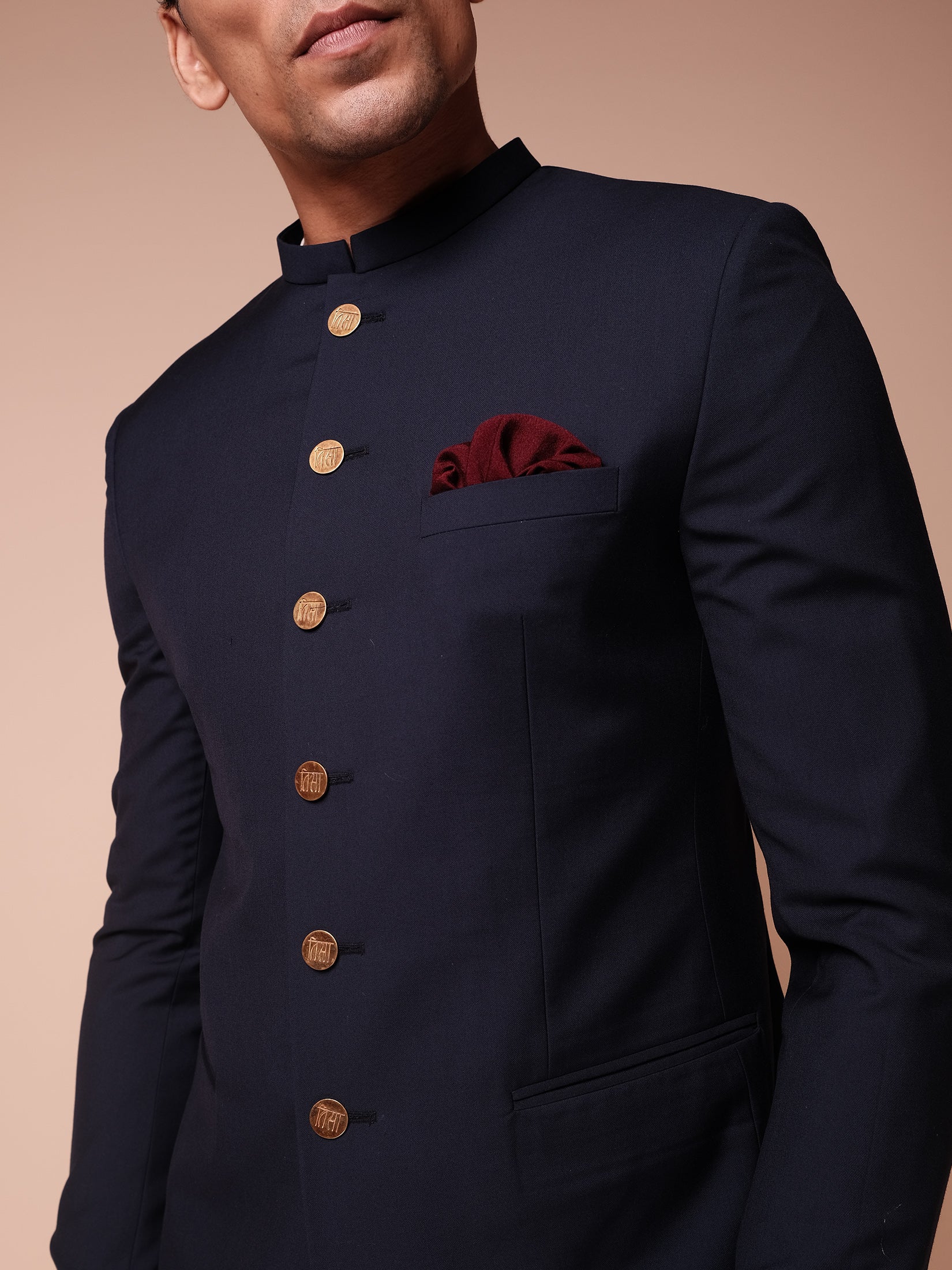 Midnight Blue Bandhgala With Signature Tisa Buttons Paired With Trousers