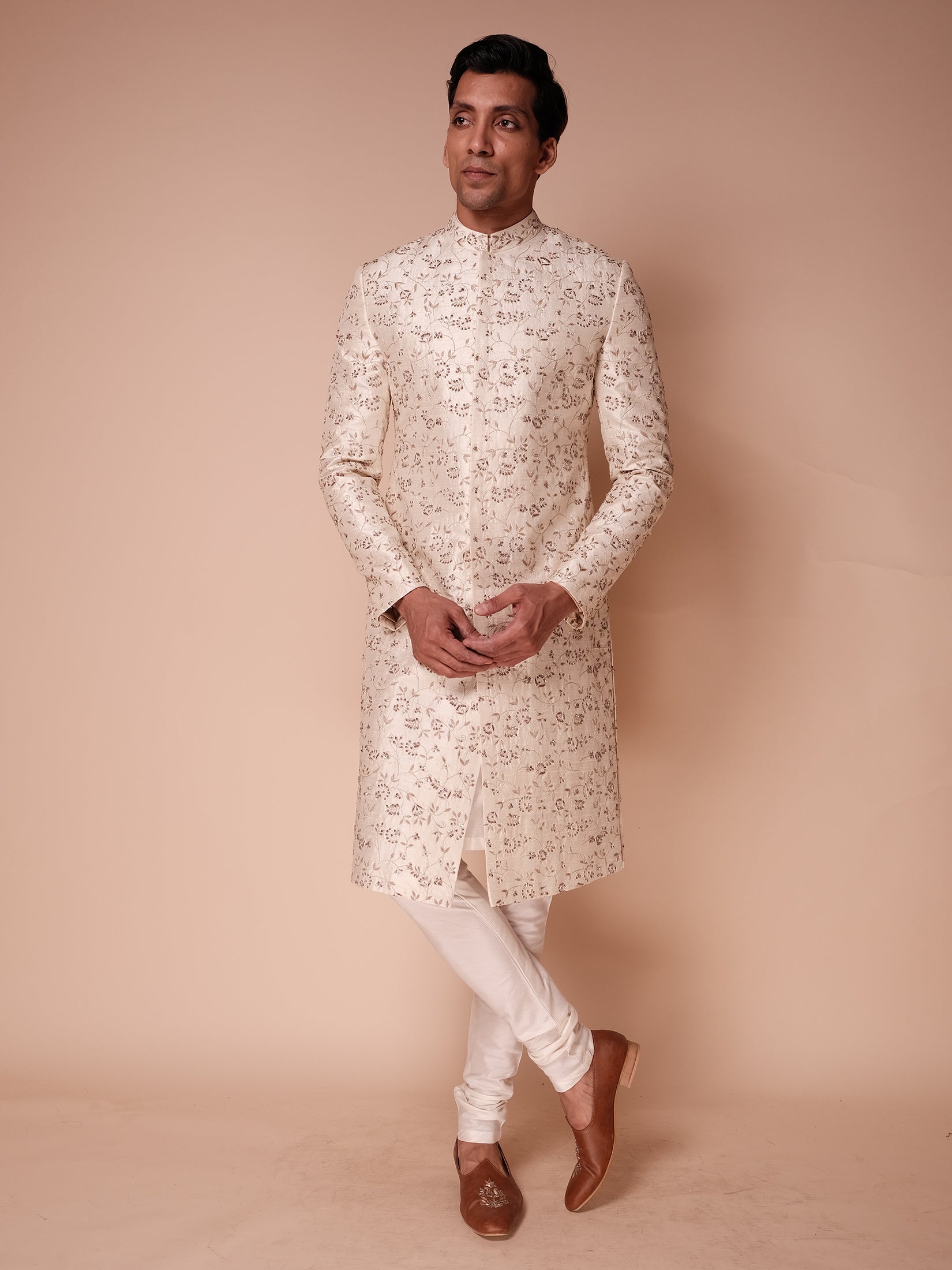 Ivory Sherwani With Embroidered Flower Structure Vine Paired With Kurta And Churidar