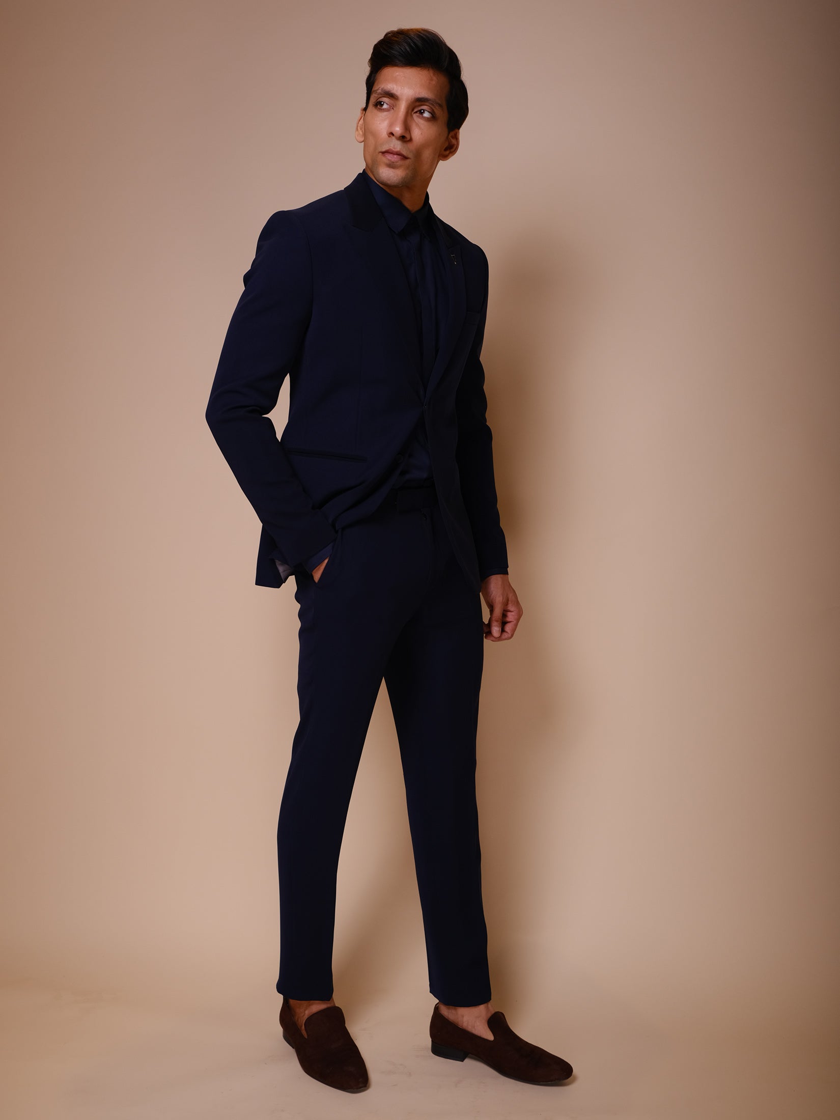 Midnight Blue Peak Suit With Inverted Triangle Outline Embroidery Paired With Trousers And Tonal Shirt And Trousers