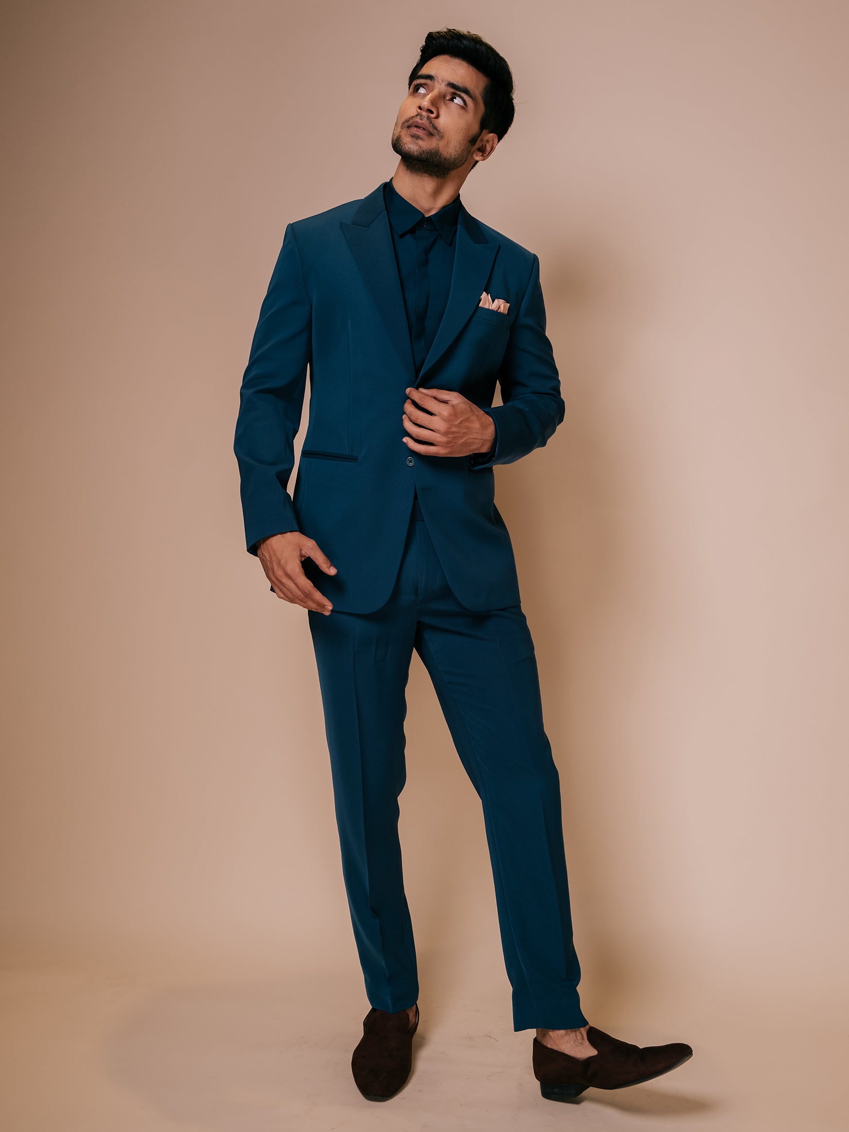 Teal Peak Lapel Suit With Embroidered Triangle On Collar Back Paired With Trousers And Tonal Shirt