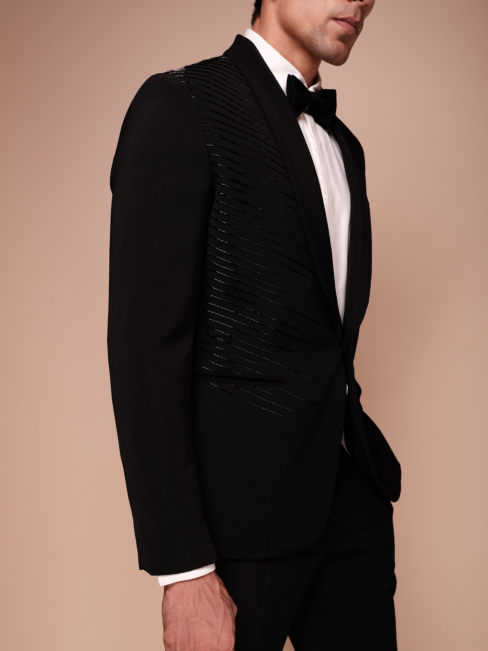 Black Shawl Lapel Tuxedo With Embroidered One Side Diagonal Strokes Paired With Trousers And Tonal Shirt