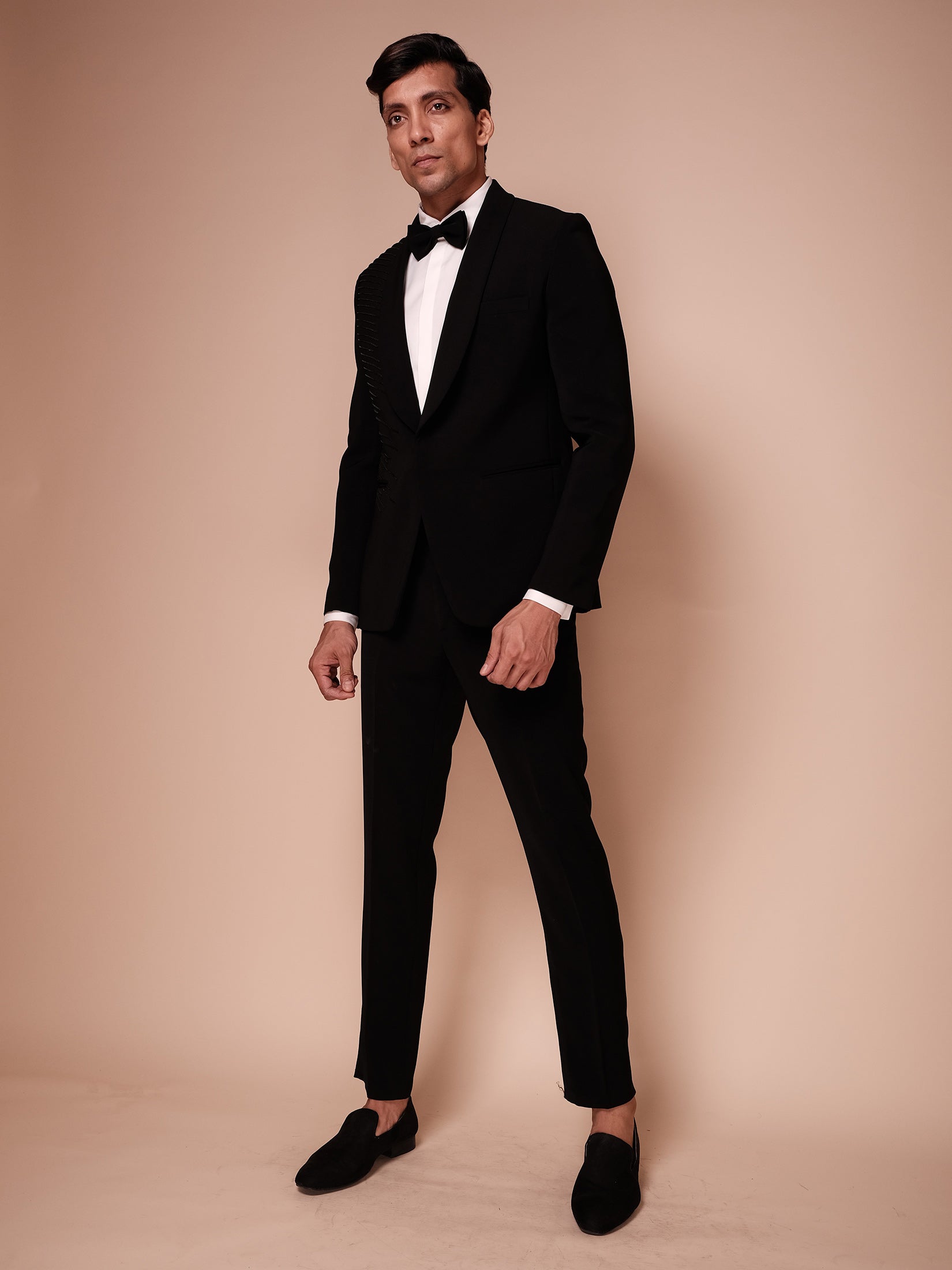 Black Shawl Lapel Tuxedo With Embroidered One Side Diagonal Strokes Paired With Trousers And Tonal Shirt