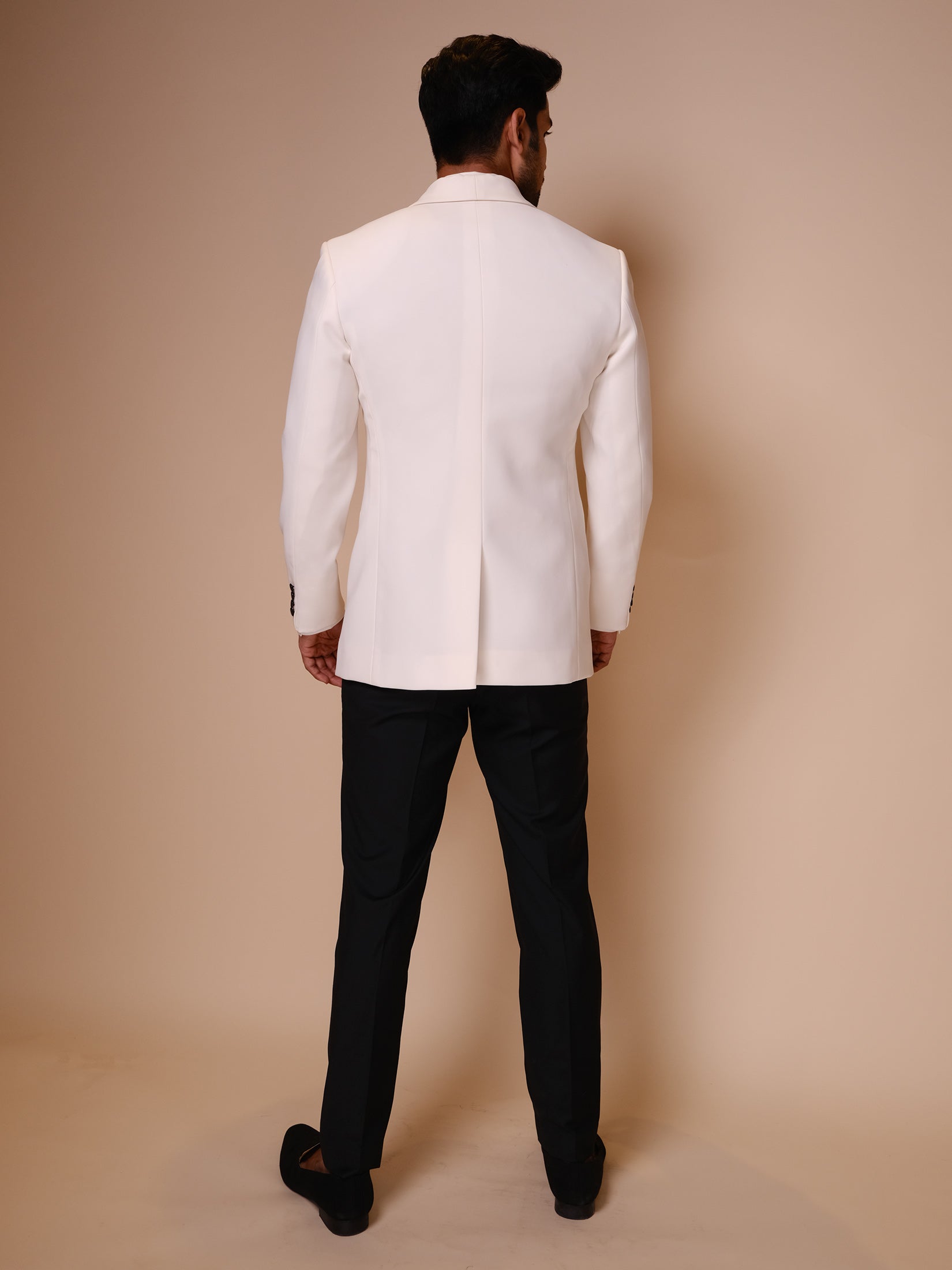 White Shawl Lapel Tuxedo Paired With Trousers And Tonal Shirt