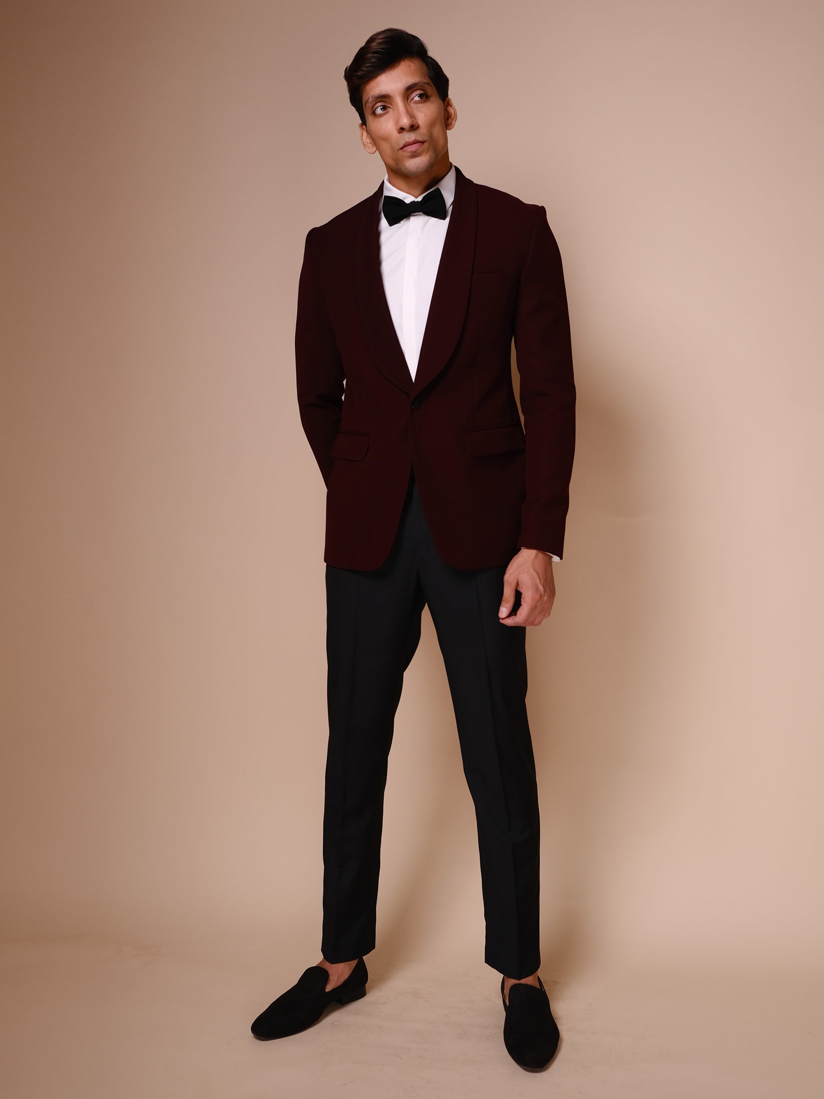 Burgandy Shawl Lapel Tuxedo Paired With Trousers And White Shirt