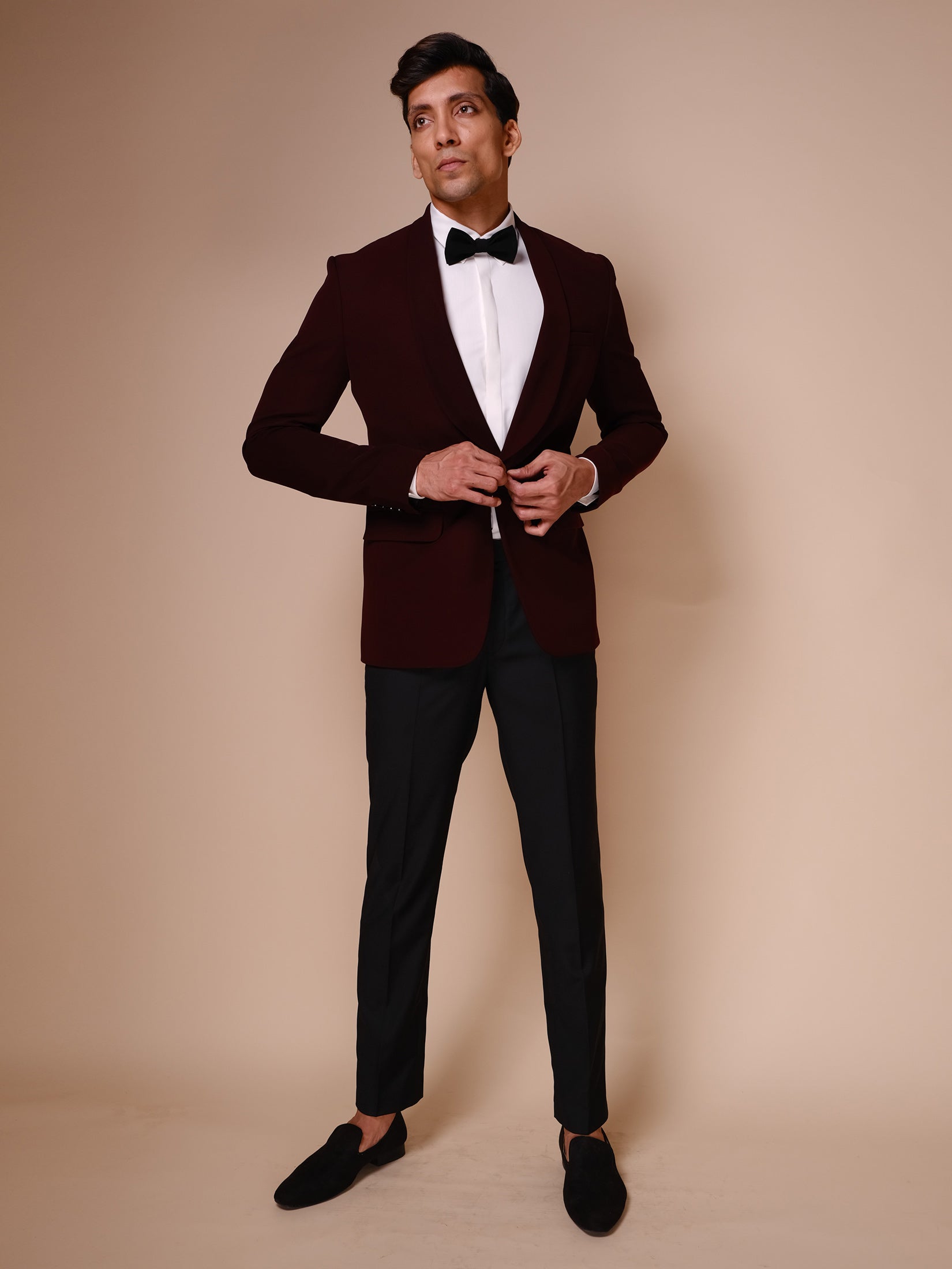 Burgandy Shawl Lapel Tuxedo Paired With Trousers And White Shirt