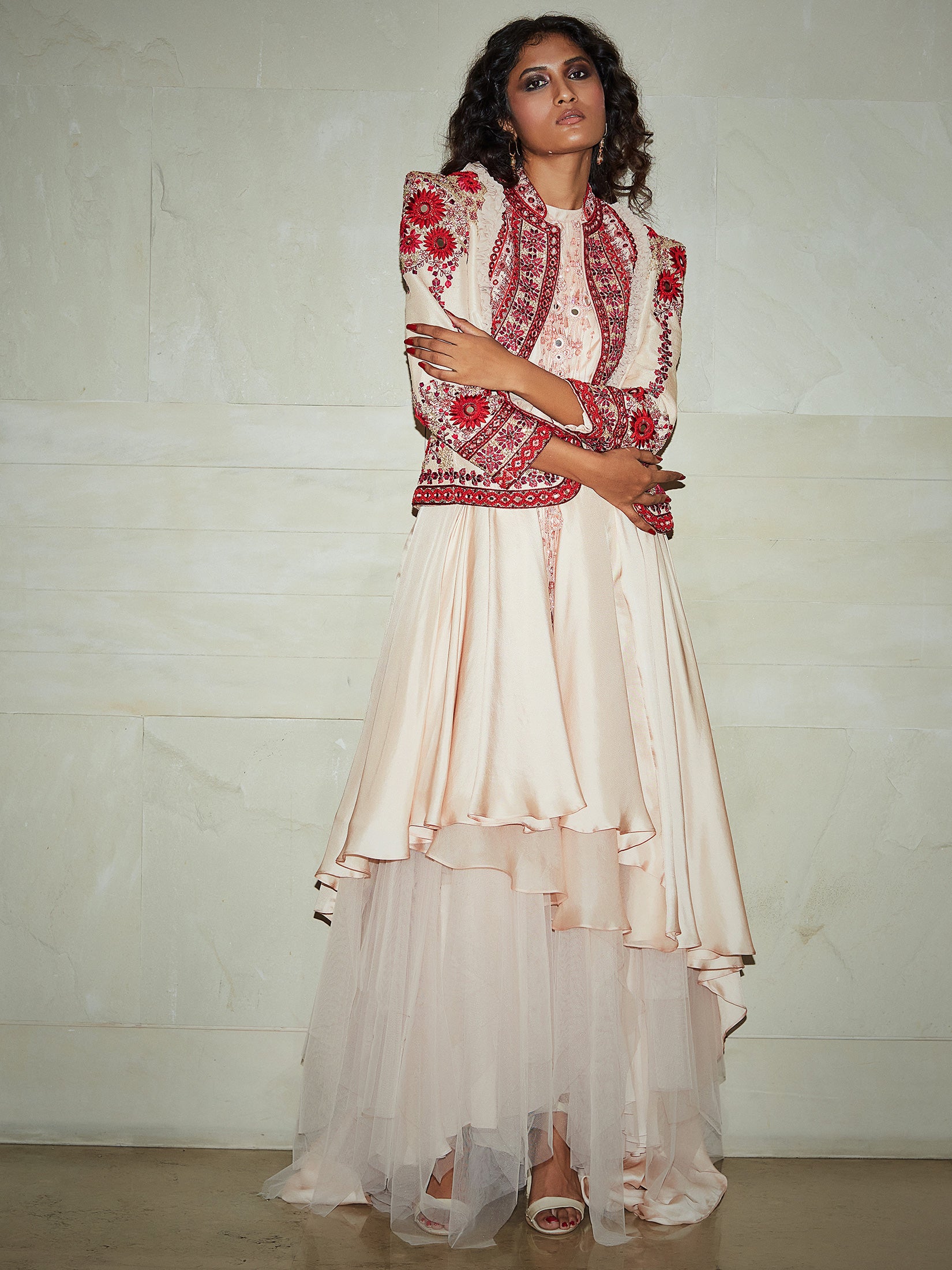 Contrast Cameo Pink Red Embroidered Jacket Paired With Satin Dress