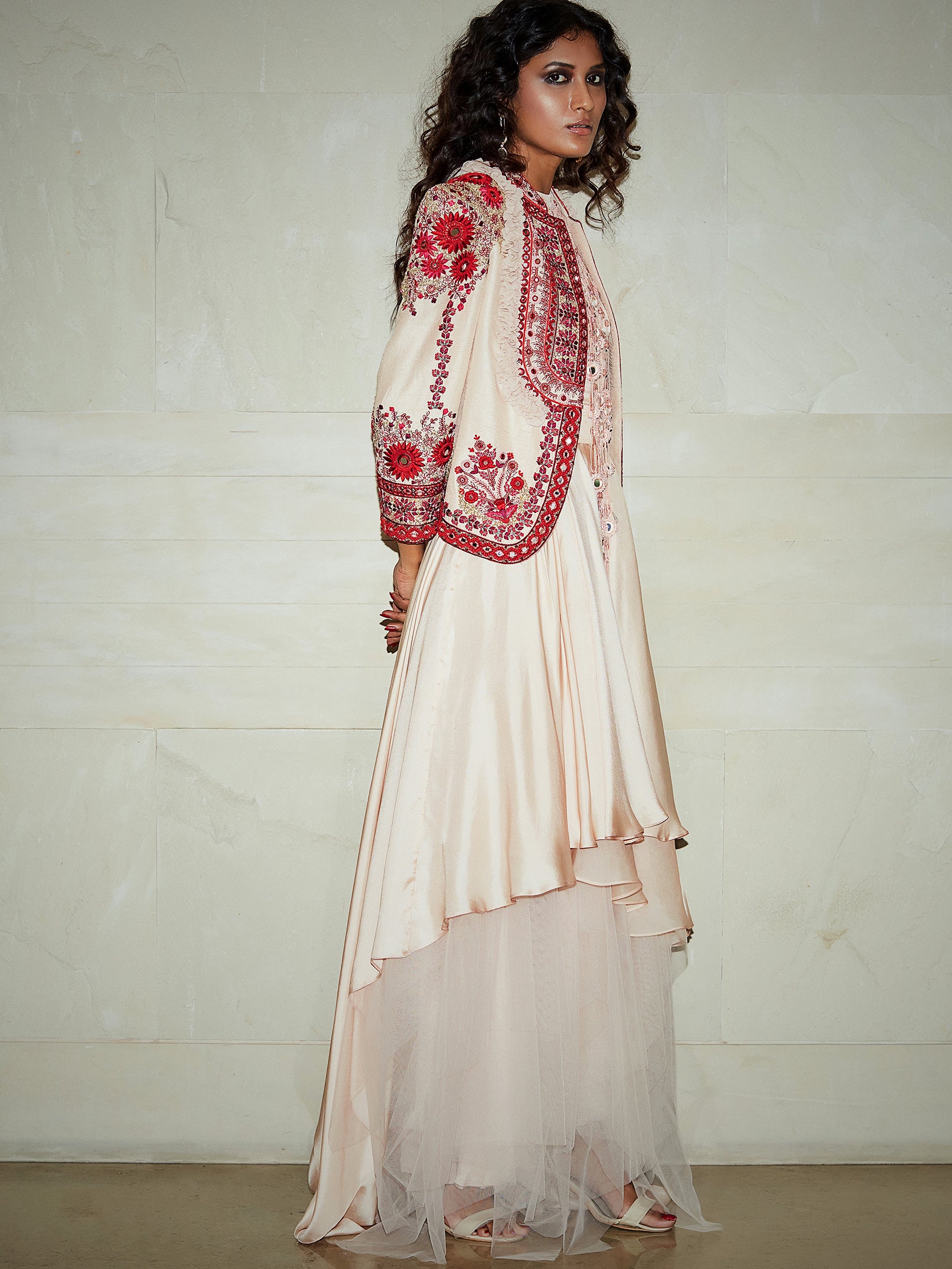 Contrast Cameo Pink Red Embroidered Jacket Paired With Satin Dress