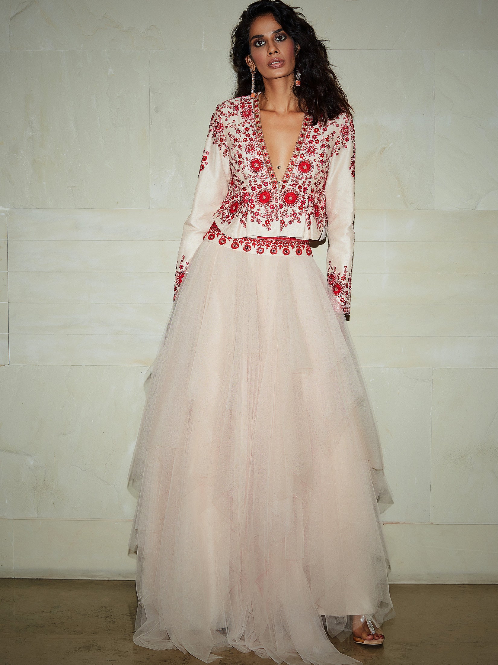 Contrast Cameo Pink Red Embroidered Top Paired With Tulle Skirt