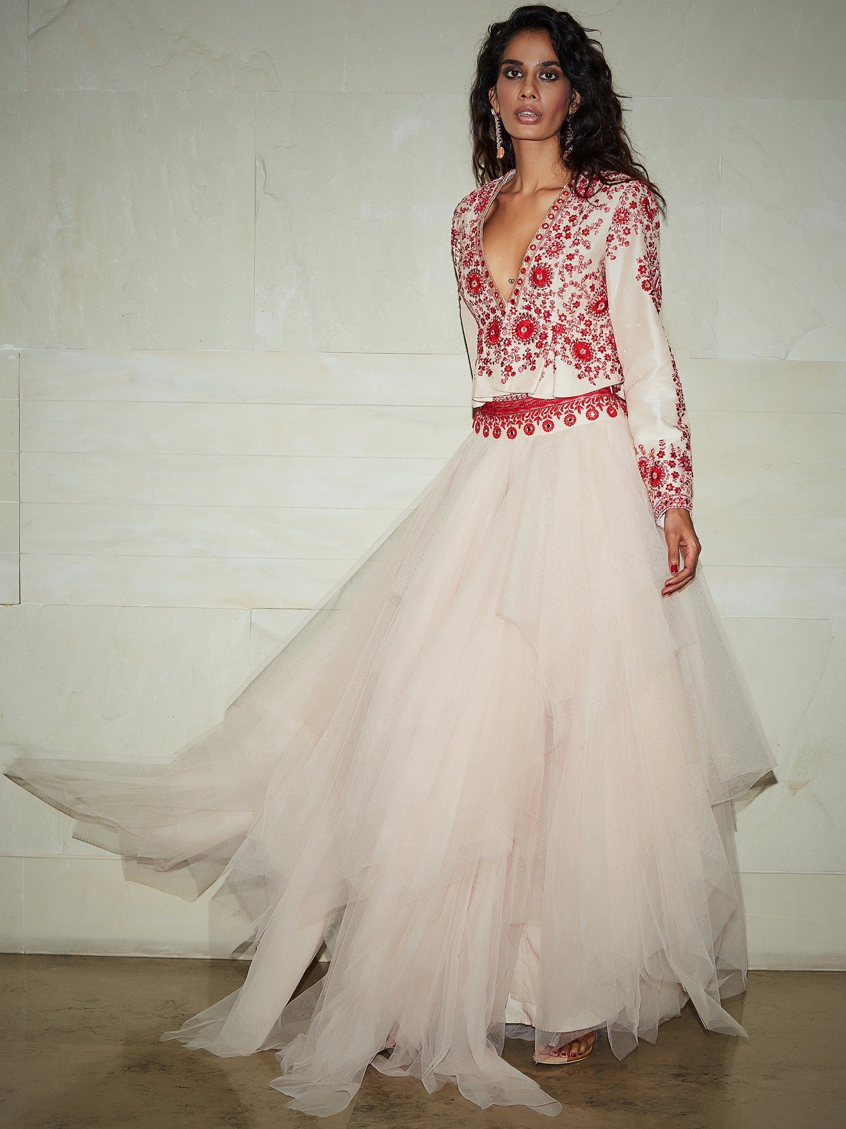 Contrast Cameo Pink Red Embroidered Top Paired With Tulle Skirt