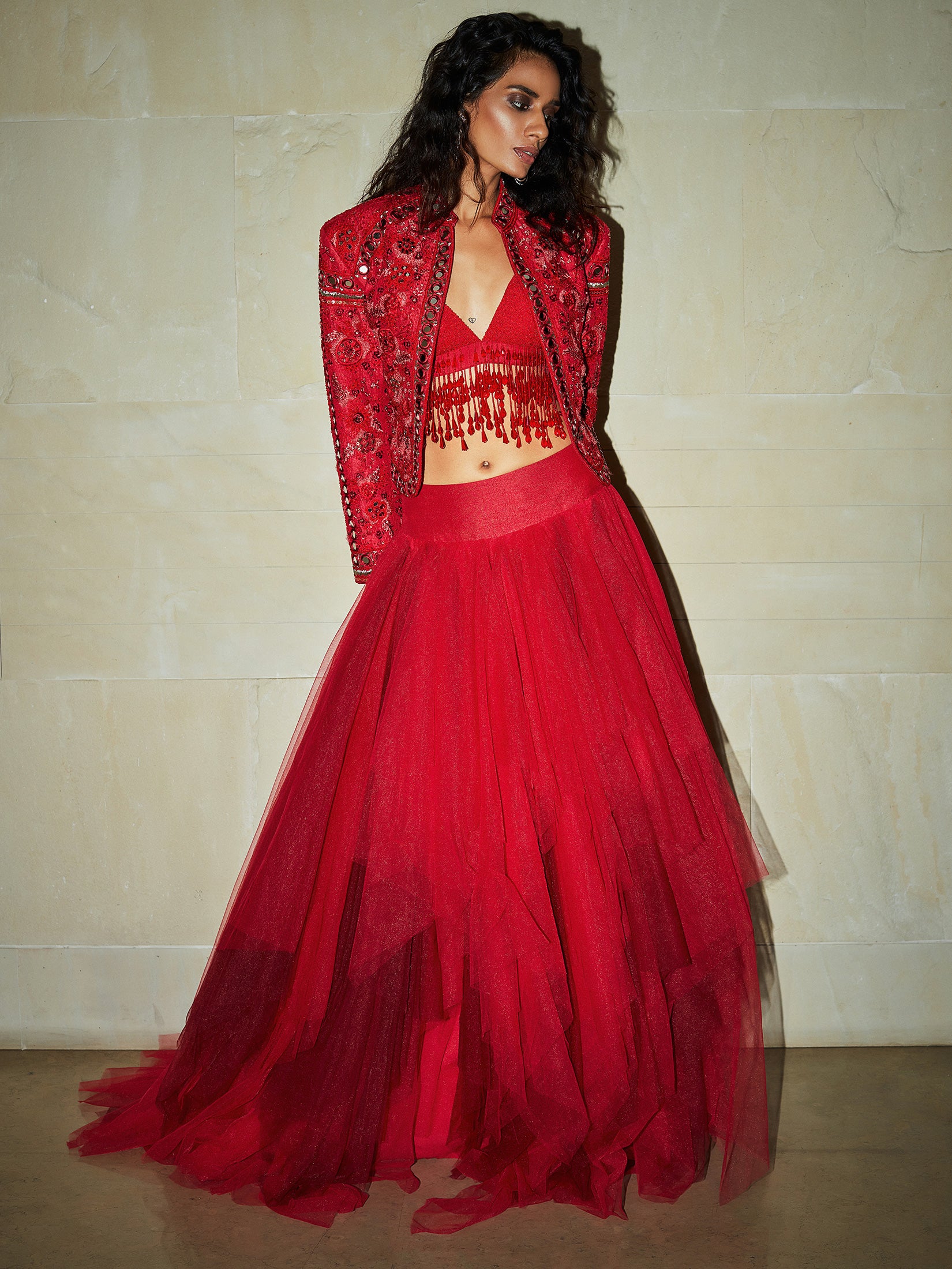 Ruby Red Embroidered Jacket and Bralette With Tulle Skirt