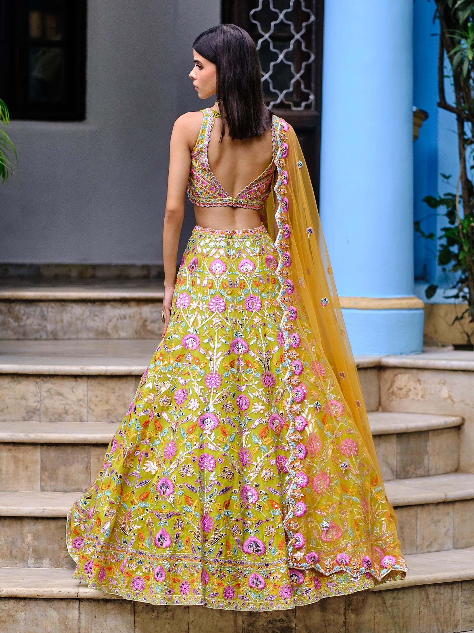 Buy Green Chanderi Skirt with a Mustard Yellow Blouse and a Dupatta by  Designer NIDHI THOLIA Online at Ogaan.com