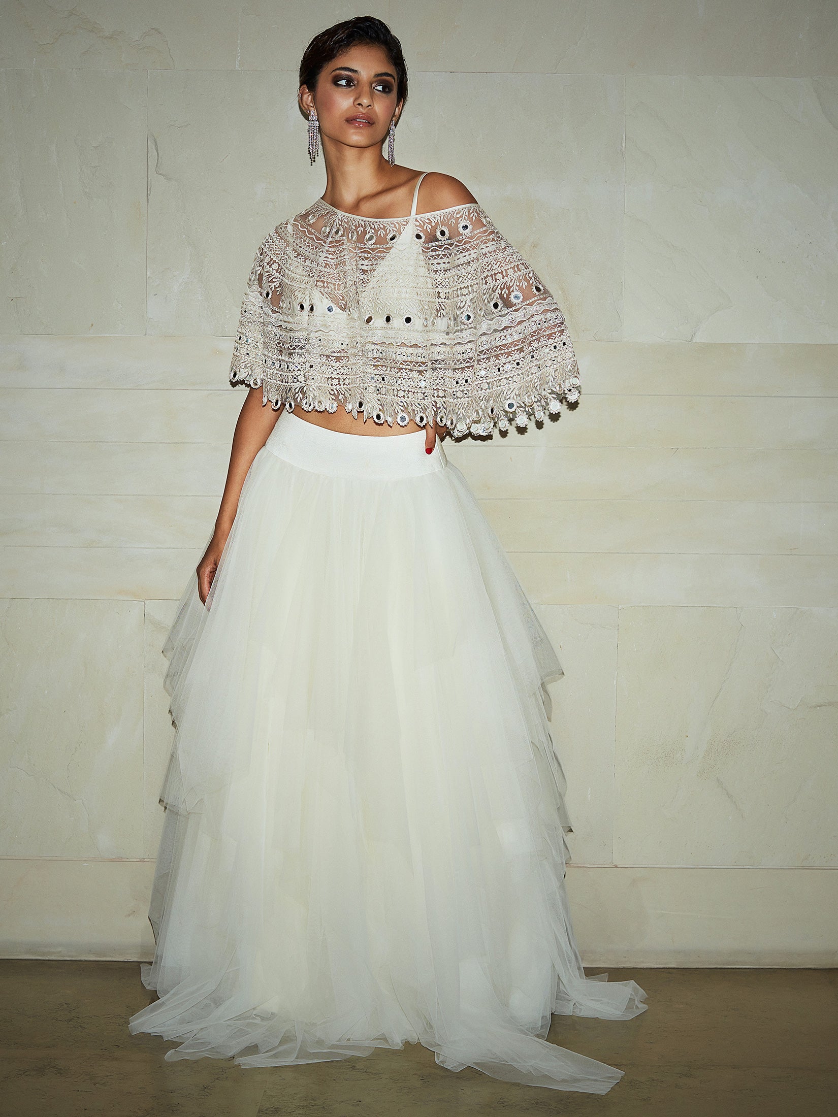 Ivory Hand Embroidered Cape, Bralette and Skirt Set