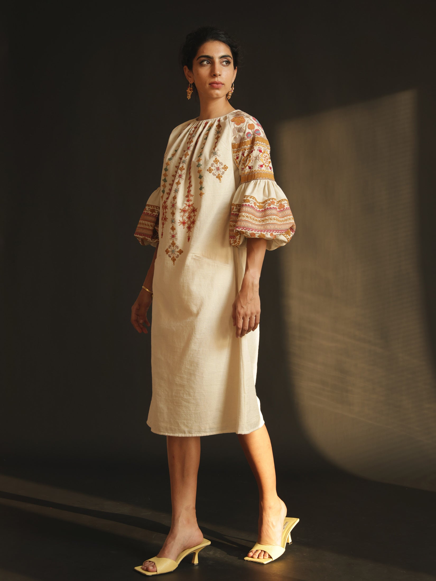 Ivory Kala Cotton Embroidered Dress With Balloon Sleeves