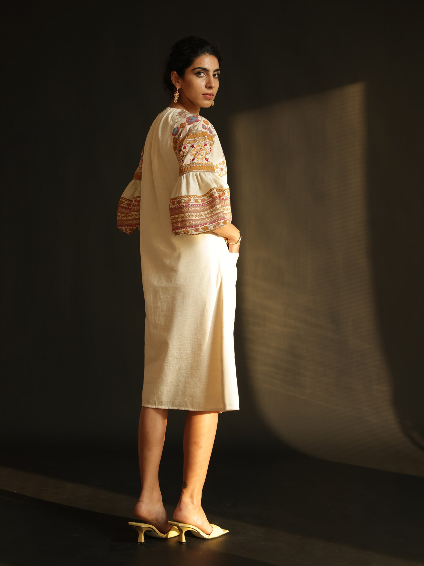 Ivory Kala Cotton Embroidered Dress With Balloon Sleeves