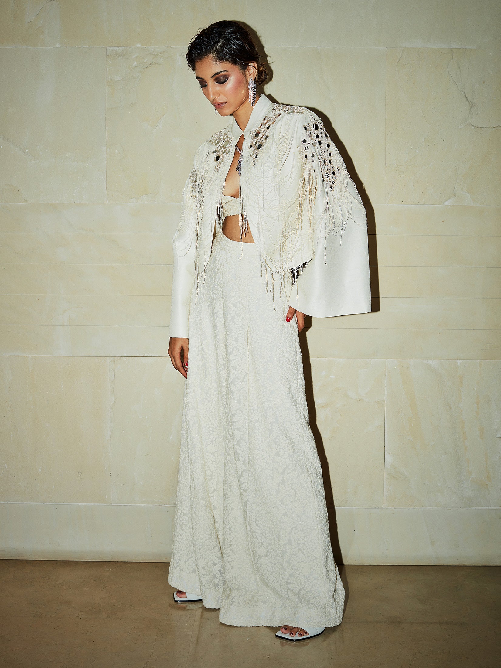 Ivory Hand Embroidered Jacket With Bralette and Trouser