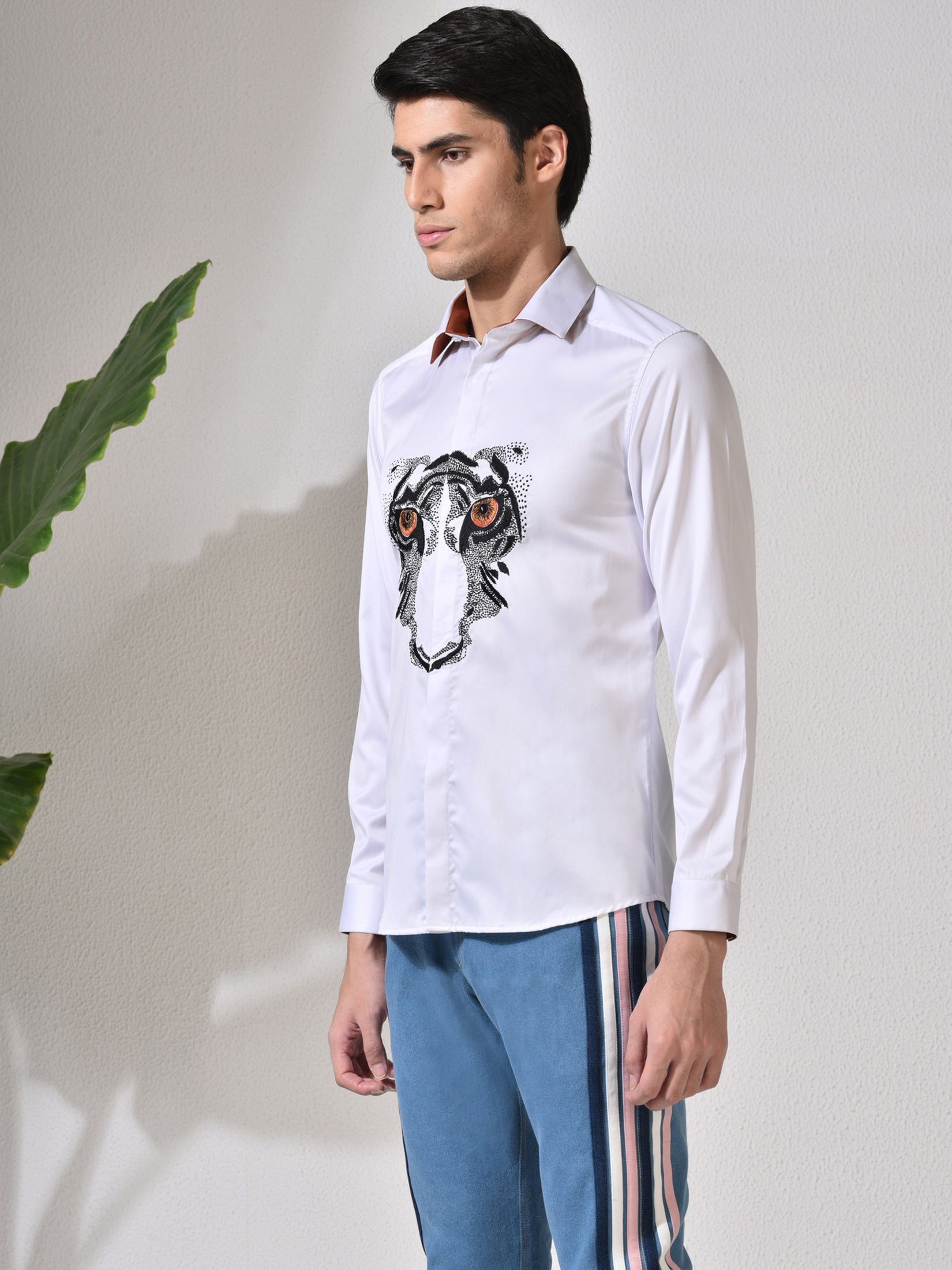 Roar, White Lion Embroidered Shirt