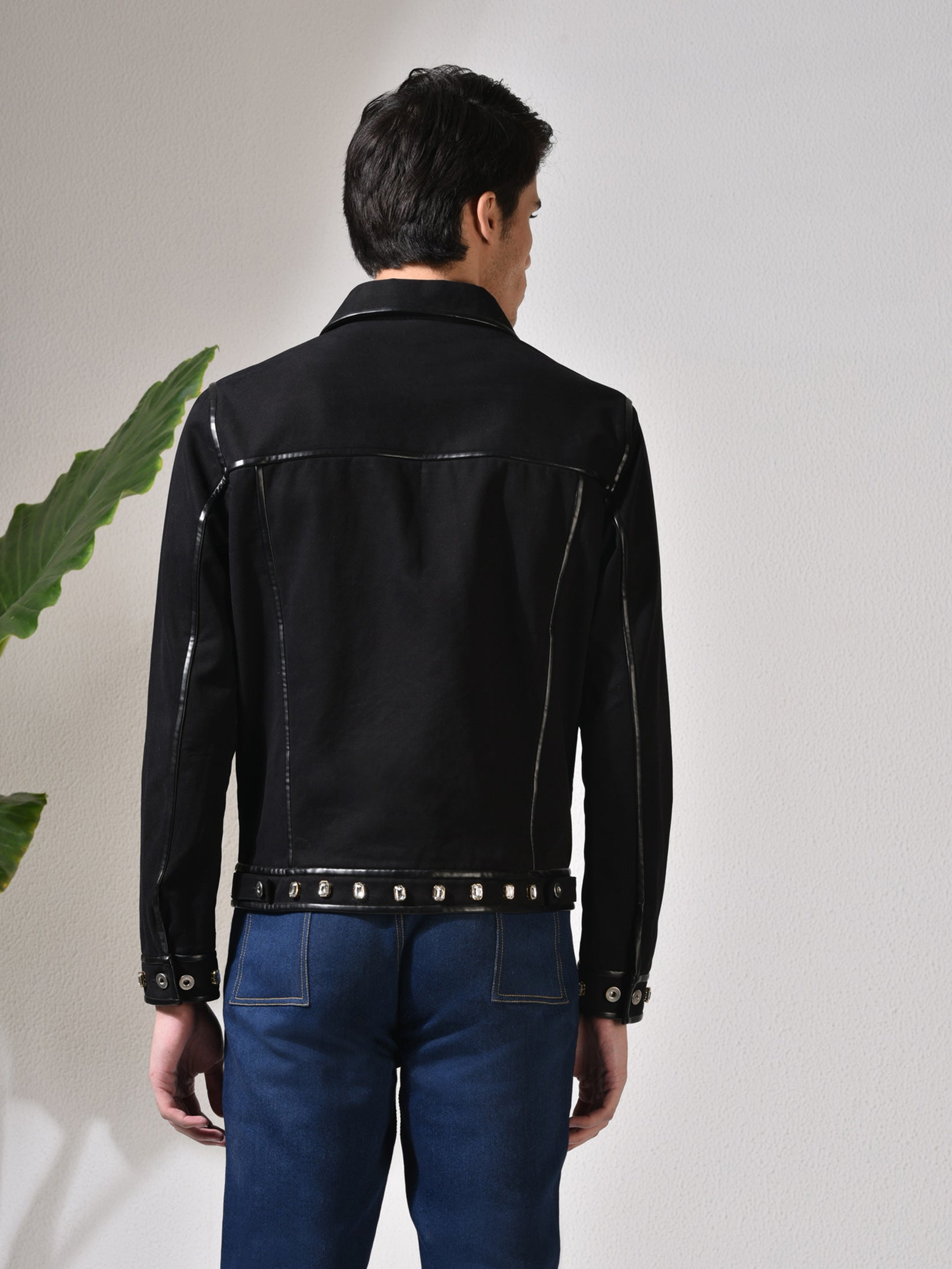Romeo,black Denim Jacket With Leather Accents
