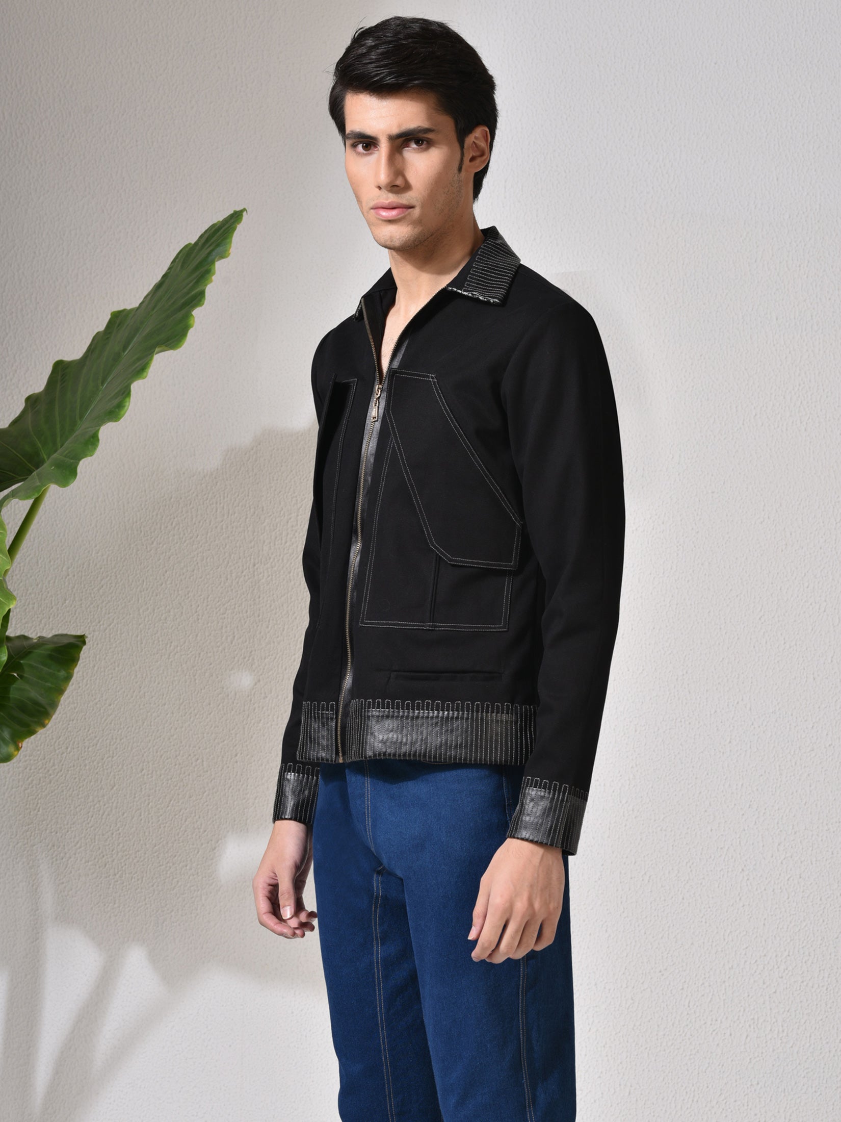 Pierre, Black Big Pockets Leather Quilted Jacket